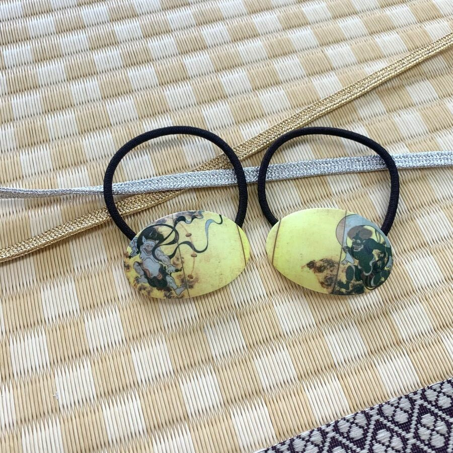 Japanese Elastic Hair Rubber Band Fujin & Raijin (set of 2) Oval Yellow made in Japan