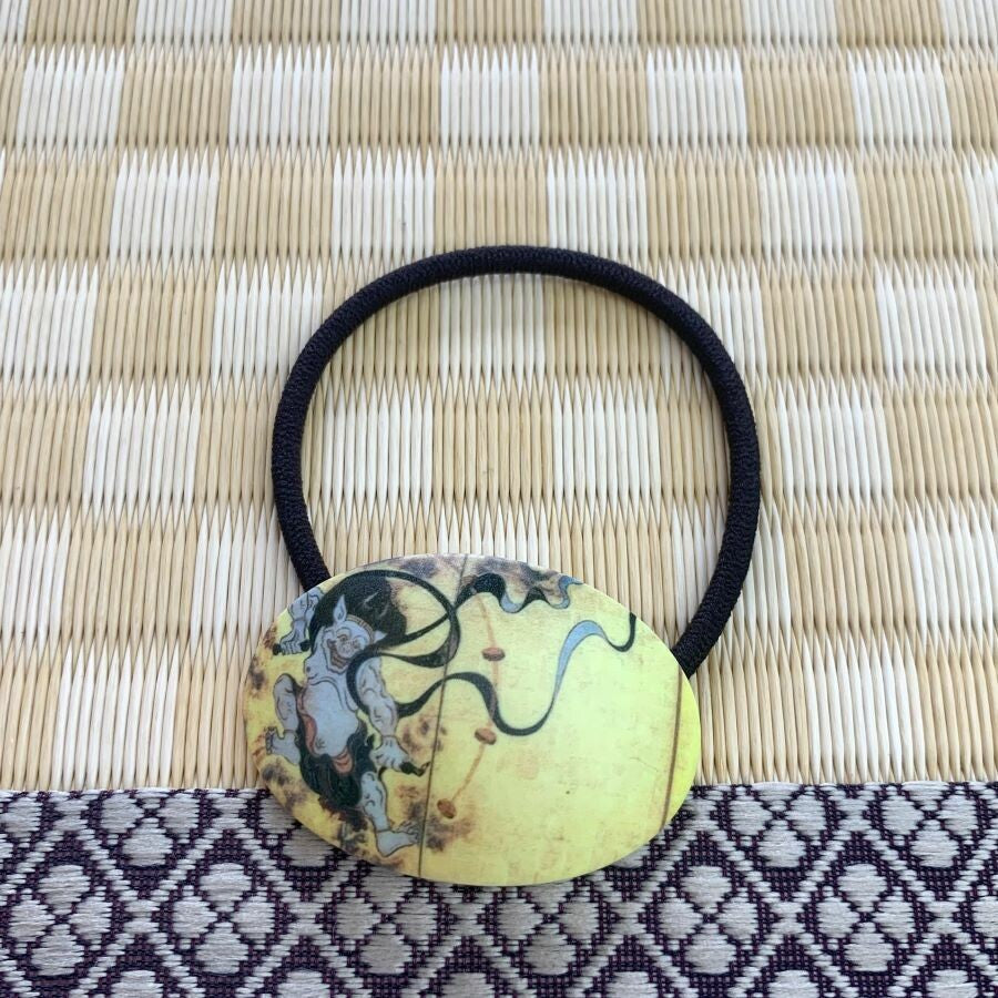 Japanese Elastic Hair Rubber Band Fujin & Raijin (set of 2) Oval Yellow made in Japan