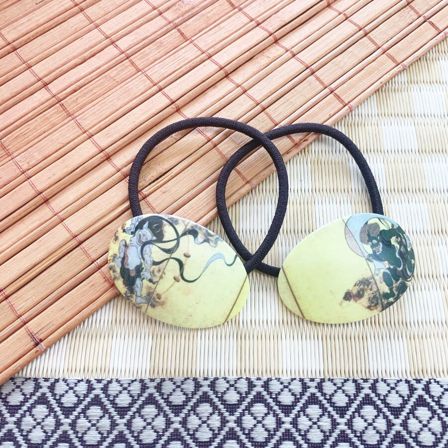 Japanese Elastic Hair Rubber Band Fujin & Raijin (set of 2) Oval Yellow made in Japan