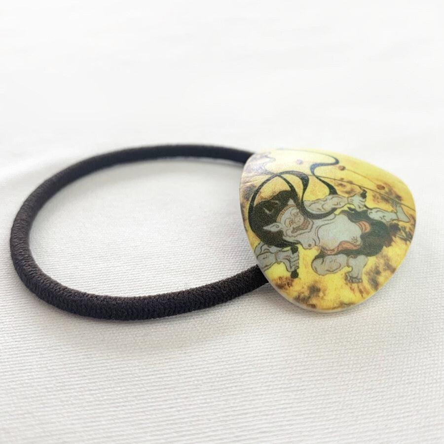 Japanese Elastic Hair Rubber Band Fujin & Raijin (set of 2) Oval Yellow made in Japan