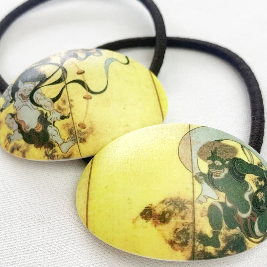 Japanese Elastic Hair Rubber Band Fujin & Raijin (set of 2) Oval Yellow made in Japan
