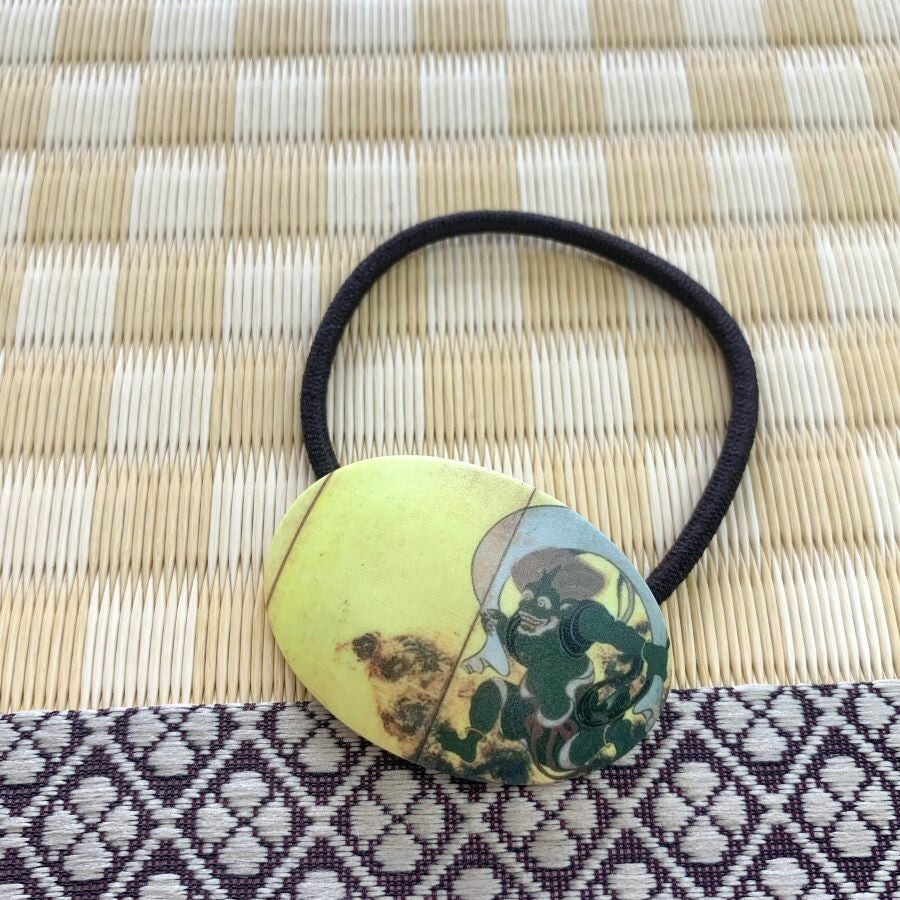 Japanese Elastic Hair Rubber Band Fujin & Raijin (set of 2) Oval Yellow made in Japan