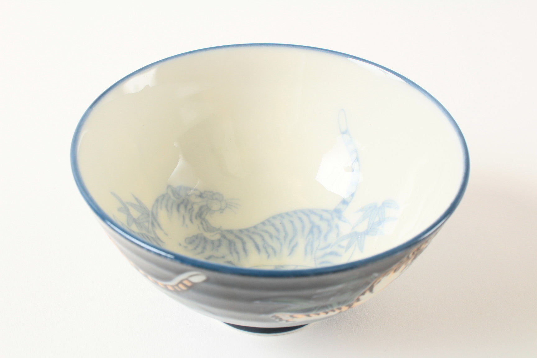 Mino ware Japanese Ceramics Rice Bowl Roaring Tiger Blue made in Japan