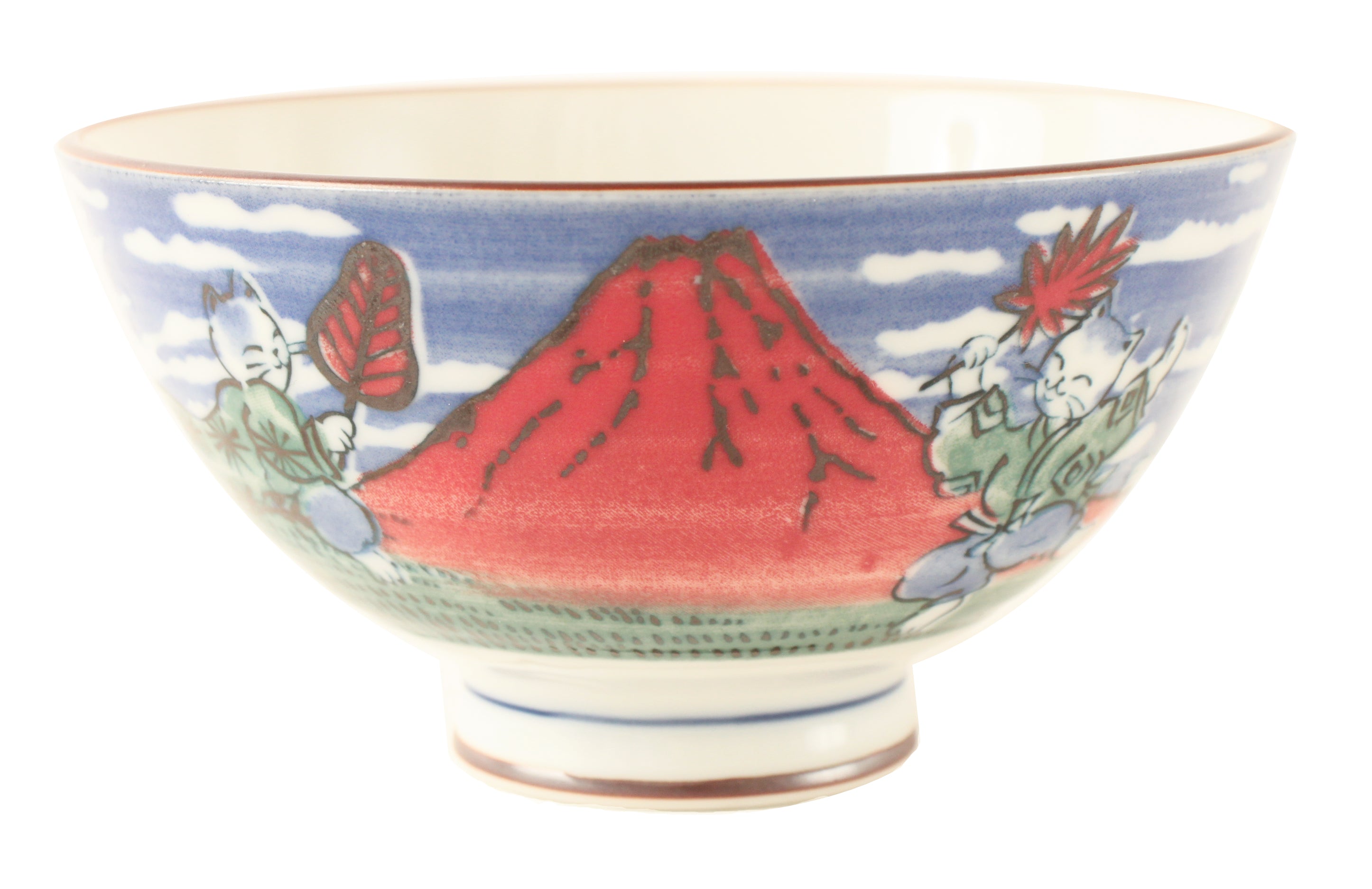 Mino ware Japanese Ceramics Rice Bowl Red Mt. Fuji w/ Dancing Cat made in Japan