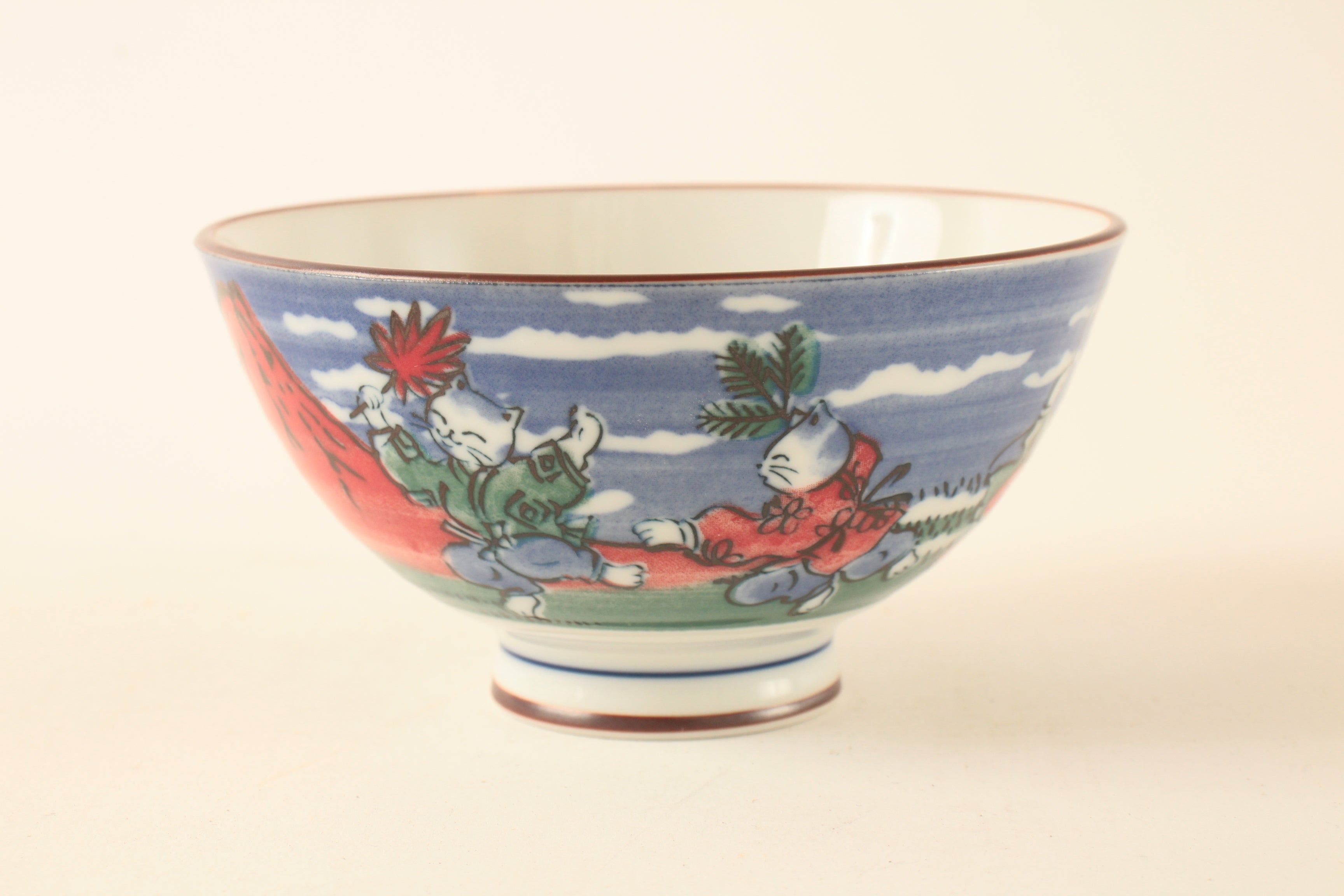 Mino ware Japanese Ceramics Rice Bowl Red Mt. Fuji w/ Dancing Cat made in Japan