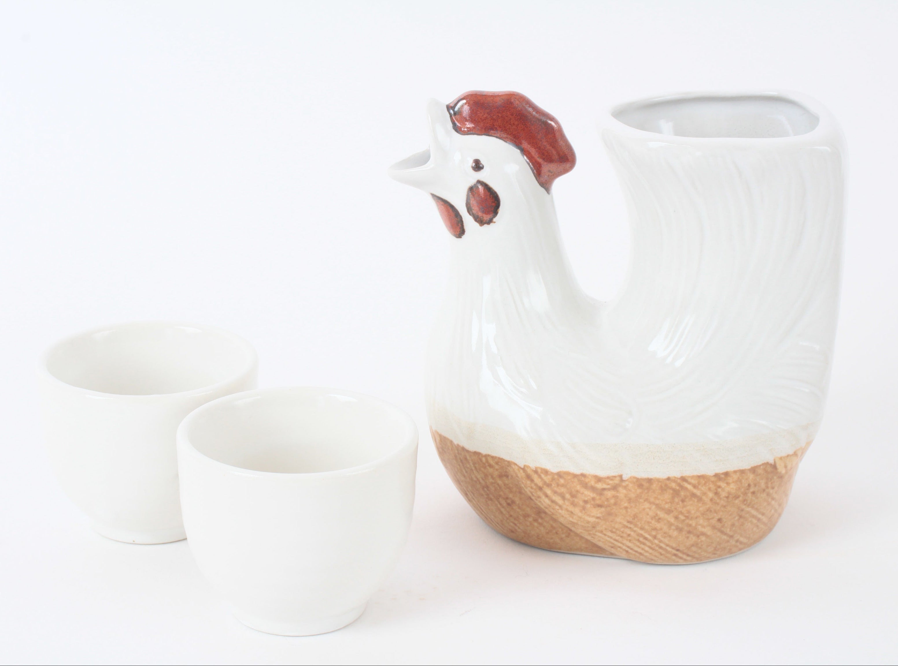 Mino ware Japanese Ceramic Chicken Shape Tokkuri and Sake Cup set White made in Japan