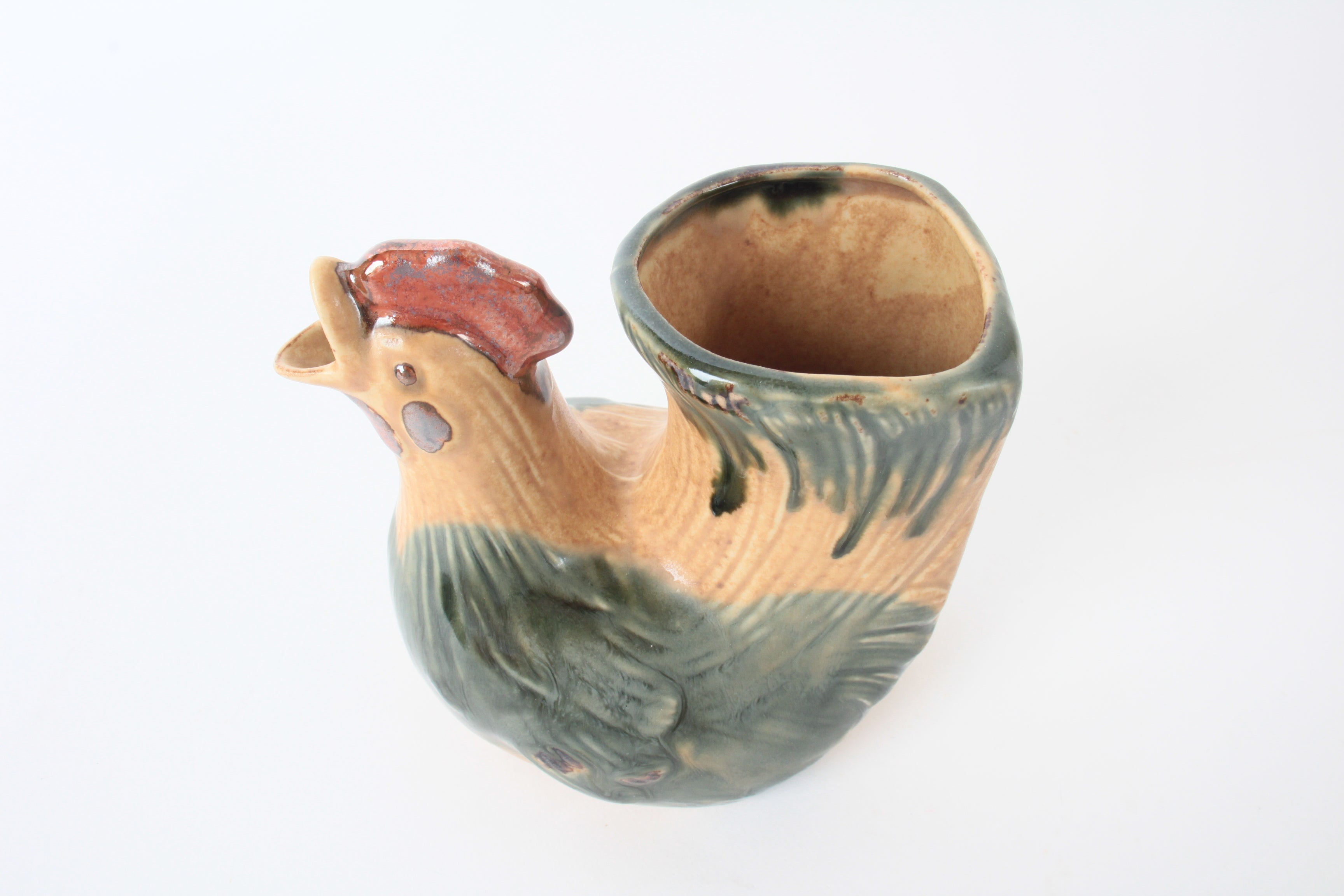 Mino ware Japanese Ceramic Chicken Shape Tokkuri and Sake Cup set Brown and Green made in Japan