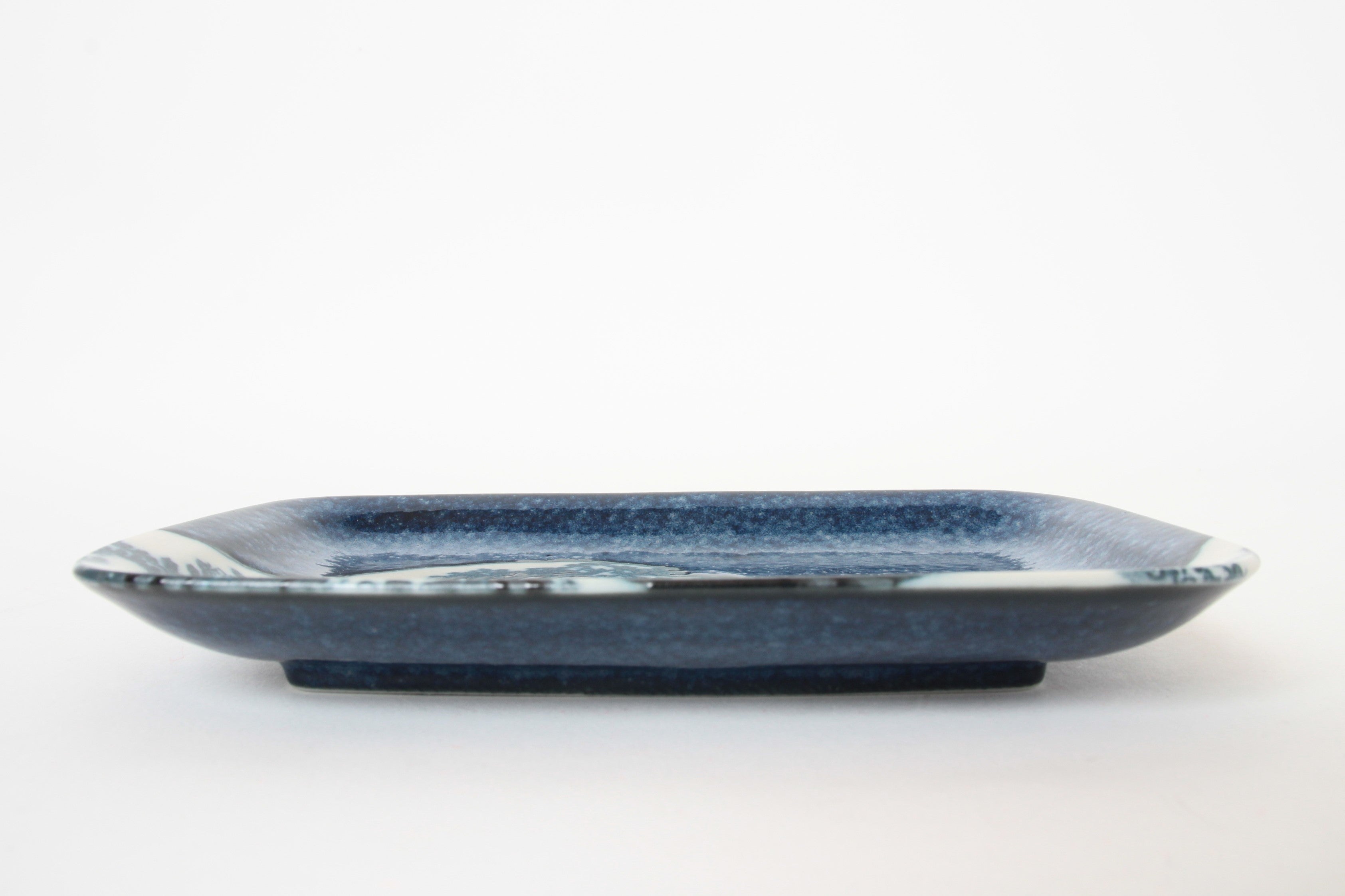 Mino ware Japanese Ceramics Rectangular Plate, Big Wave and Mt. Fuji Navy Blue made in Japan