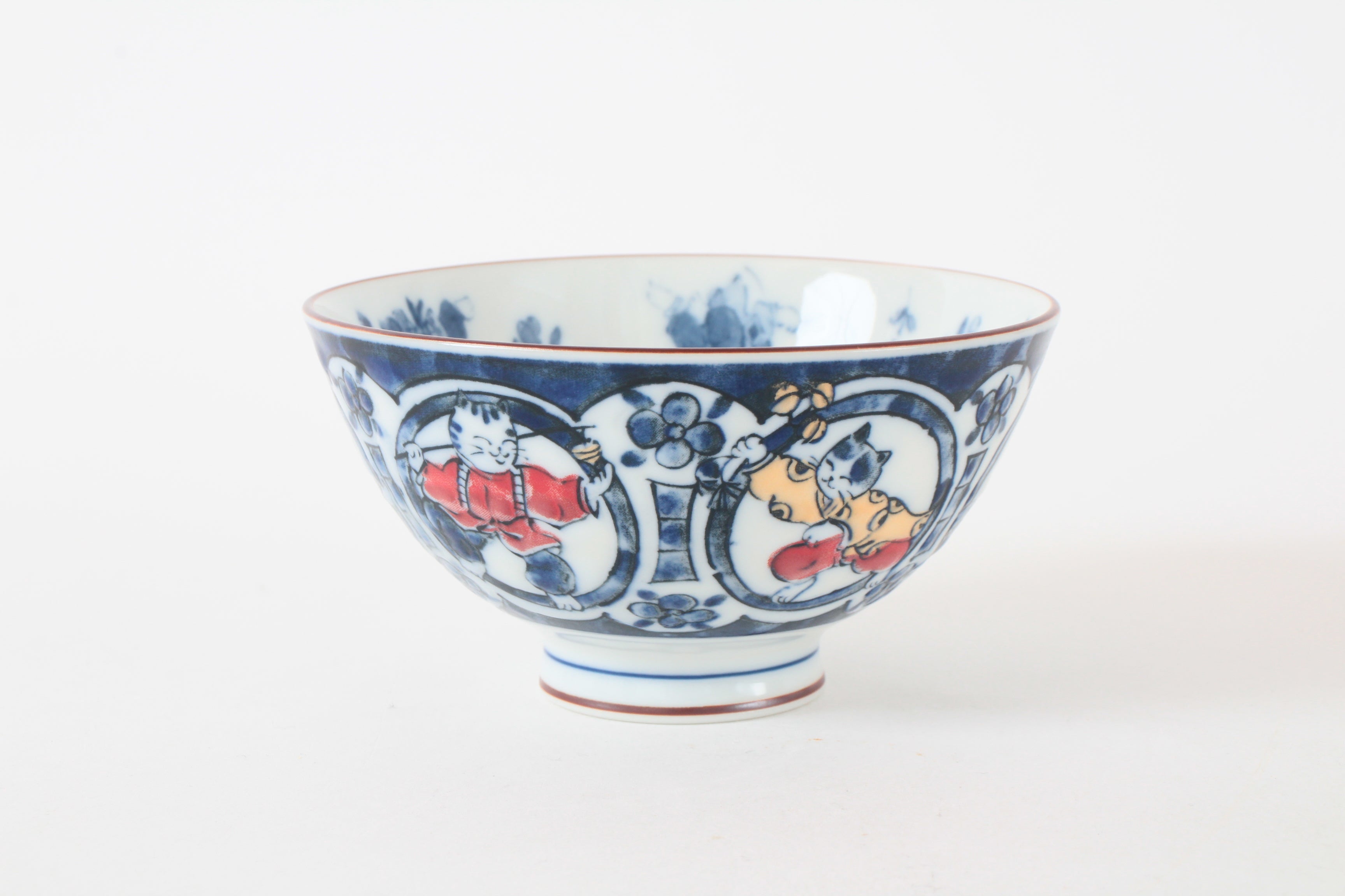 Mino ware Japanese Ceramics Rice Bowl Round Karako and Cat Design made in Japan