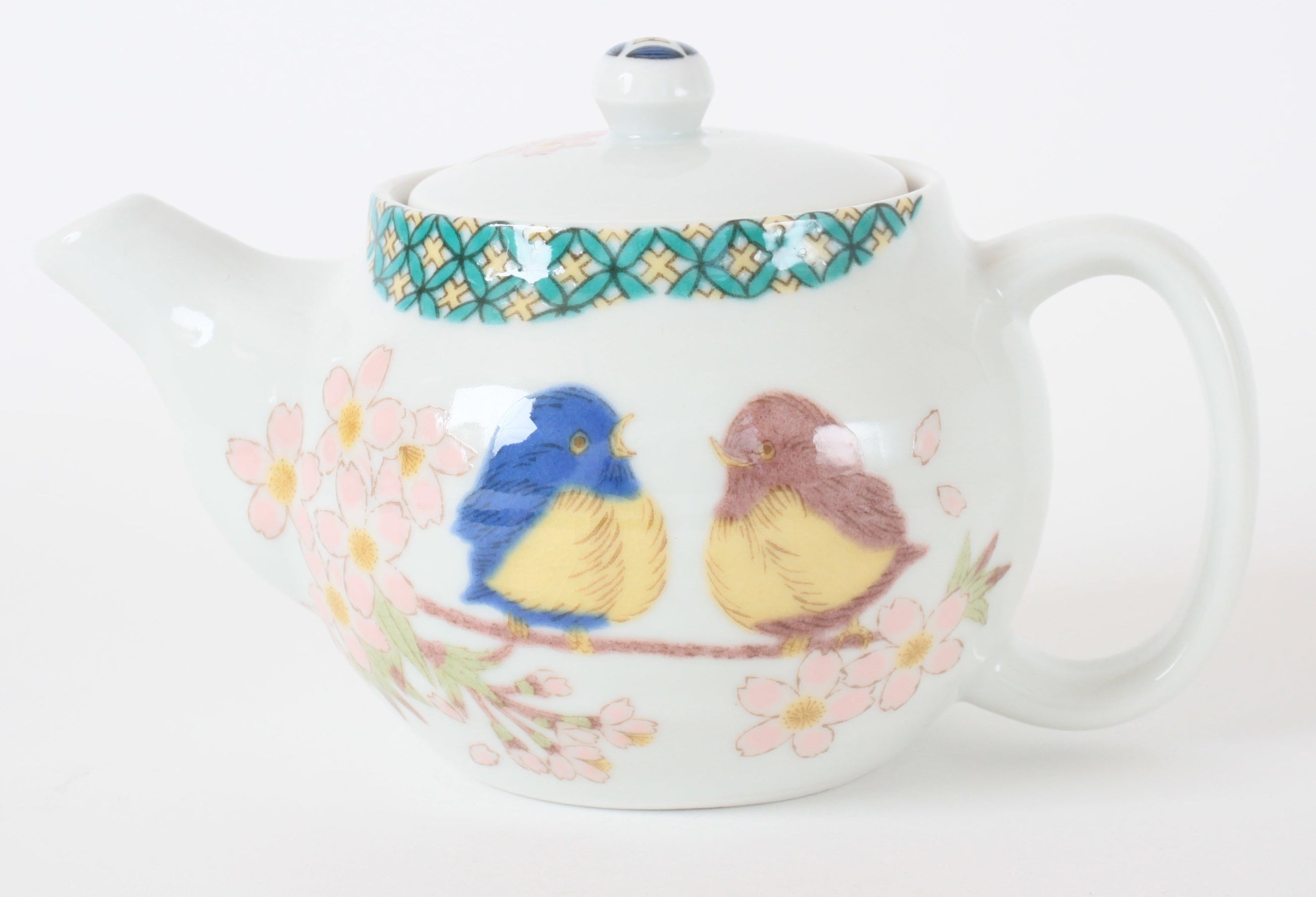 Kutani ware Japanese Pottery Teapot Kyusu Flowers and Sparrows with Infuser Made in Japan