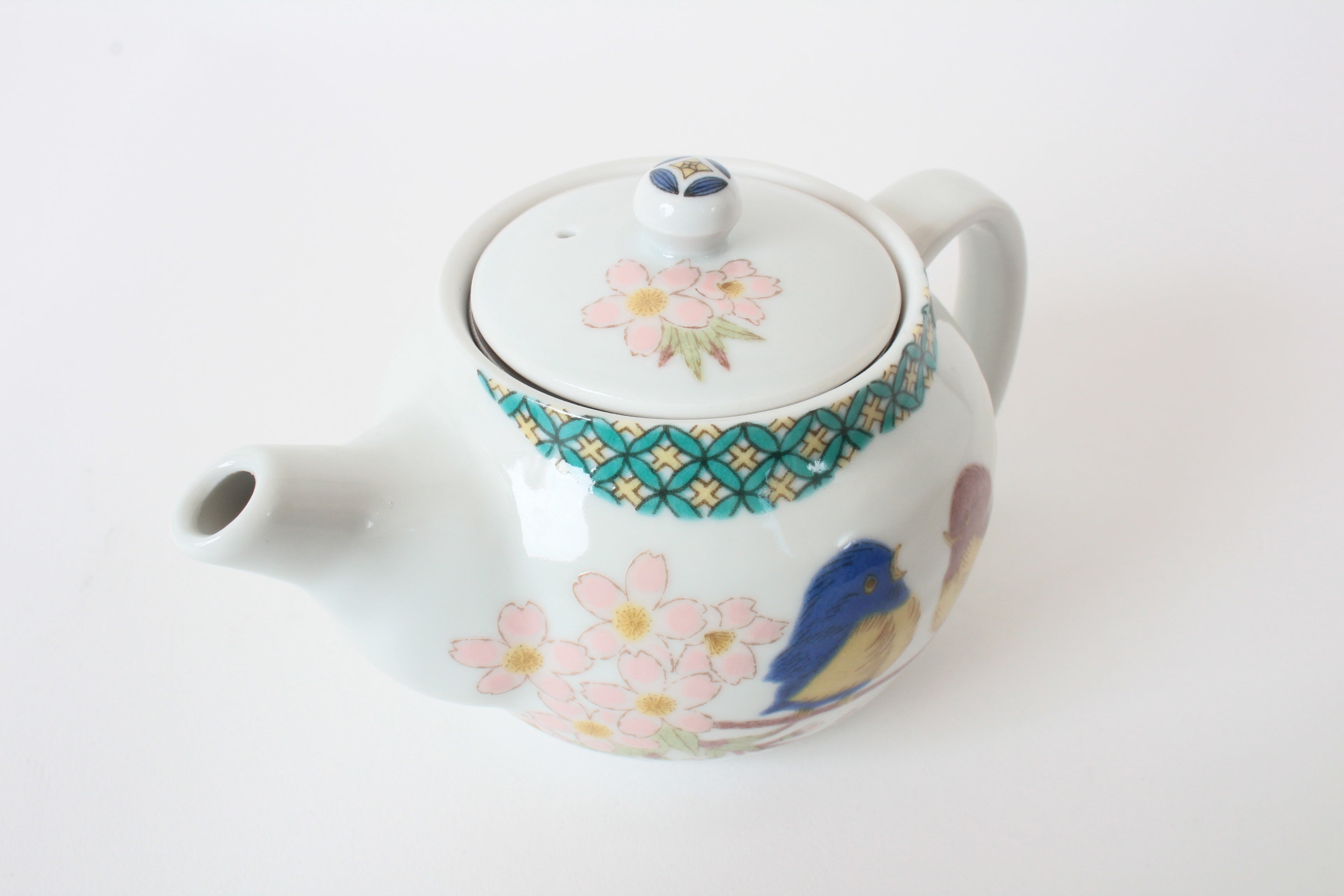 Kutani ware Japanese Pottery Teapot Kyusu Flowers and Sparrows with Infuser Made in Japan