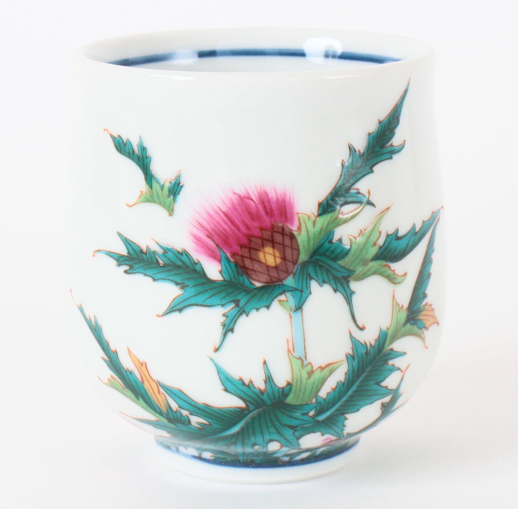 Kutani ware Japanese Ceramic Yunomi Chawan Tea Cup Thistle Flower Pink Made in Japan