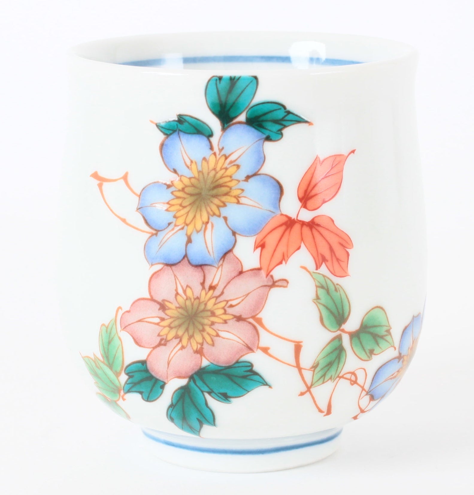 Kutani ware Japanese Ceramic Yunomi Chawan Tea Cup Blue and Pink Flowers Made in Japan