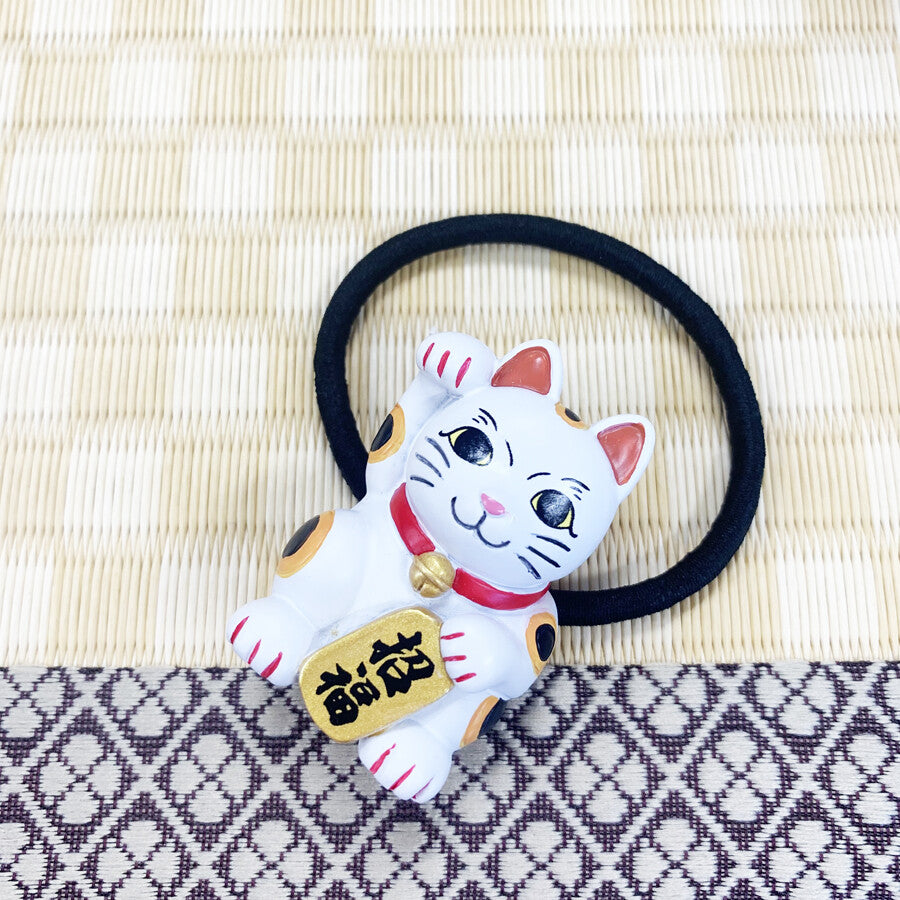 Japanese Elastic Hair Rubber Band Beckoning Cat Manekineko White made in Japan