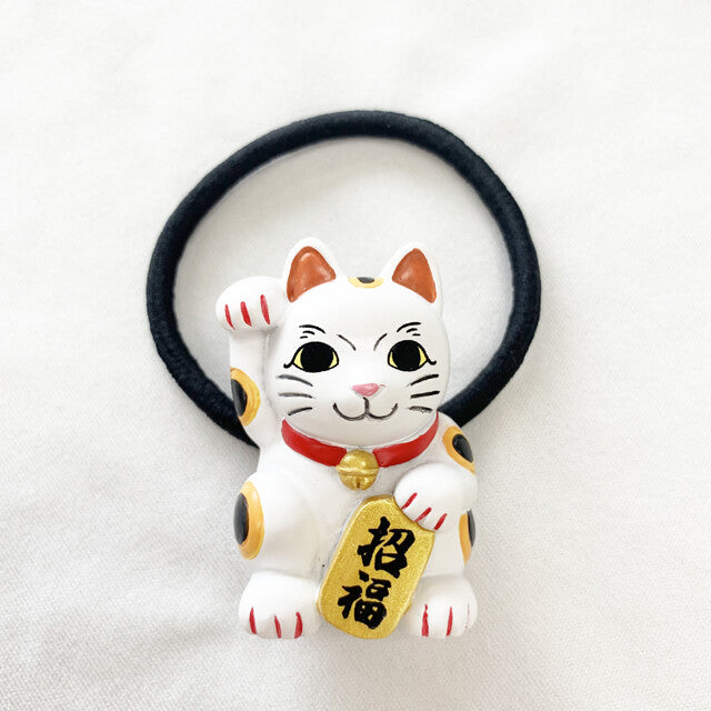Japanese Elastic Hair Rubber Band Beckoning Cat Manekineko White made in Japan