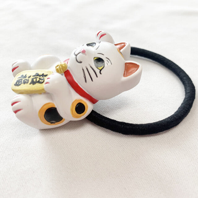 Japanese Elastic Hair Rubber Band Beckoning Cat Manekineko White made in Japan