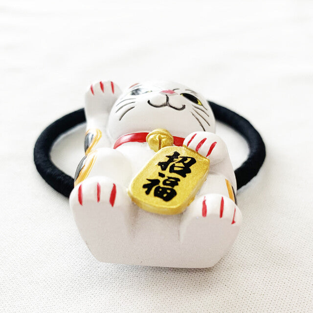 Japanese Elastic Hair Rubber Band Beckoning Cat Manekineko White made in Japan