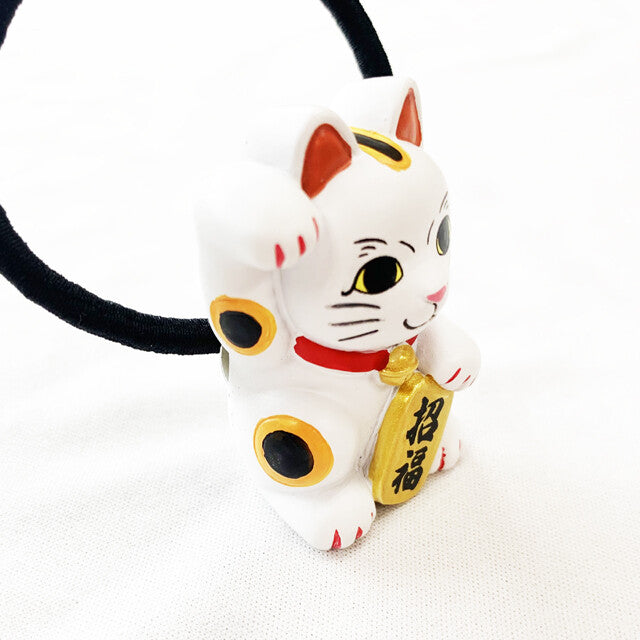 Japanese Elastic Hair Rubber Band Beckoning Cat Manekineko White made in Japan
