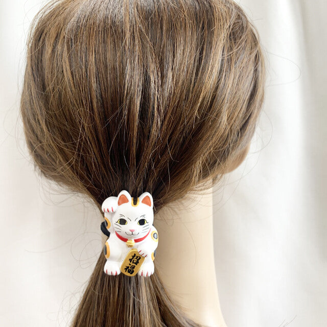 Japanese Elastic Hair Rubber Band Beckoning Cat Manekineko White made in Japan