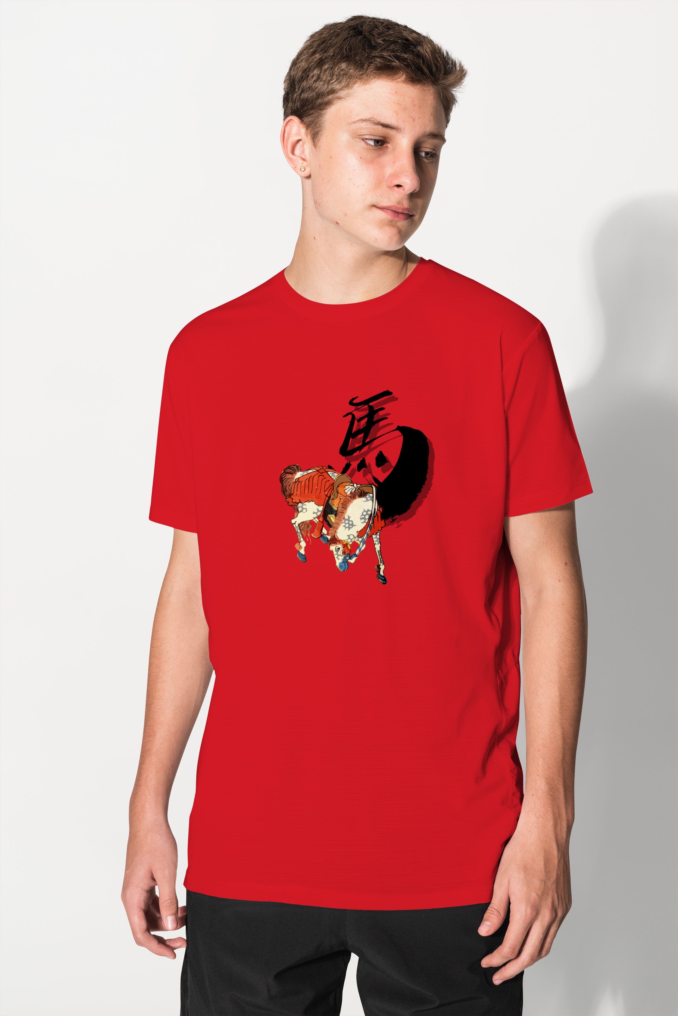 Japanese Ukiyo-e Design T-shirt White Horse with Red Harness & Kanji Uma