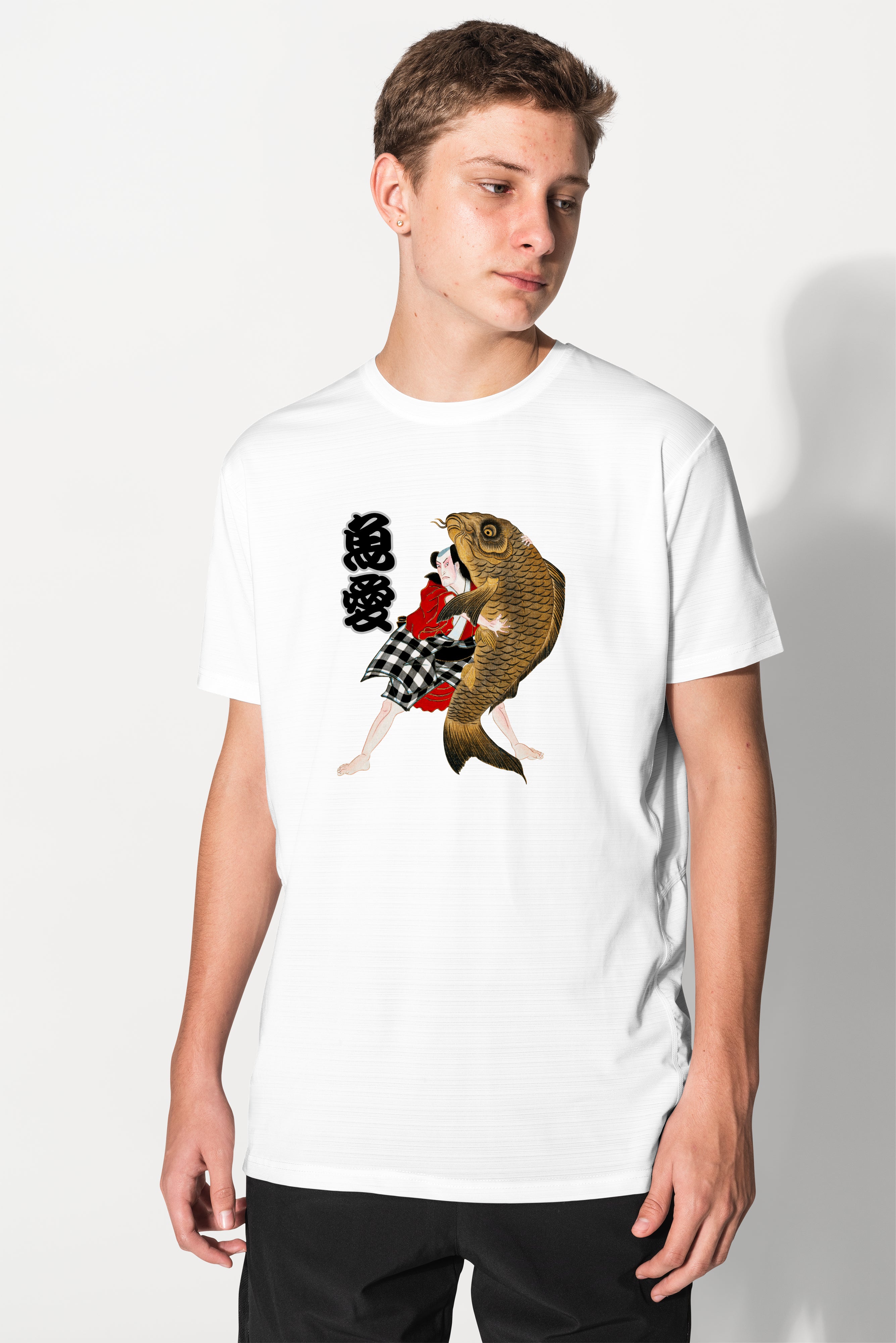 Japanese Design T-shirt Kabuki Actor Holding a Carp Fish Lover Kanji 5.6oz Mens