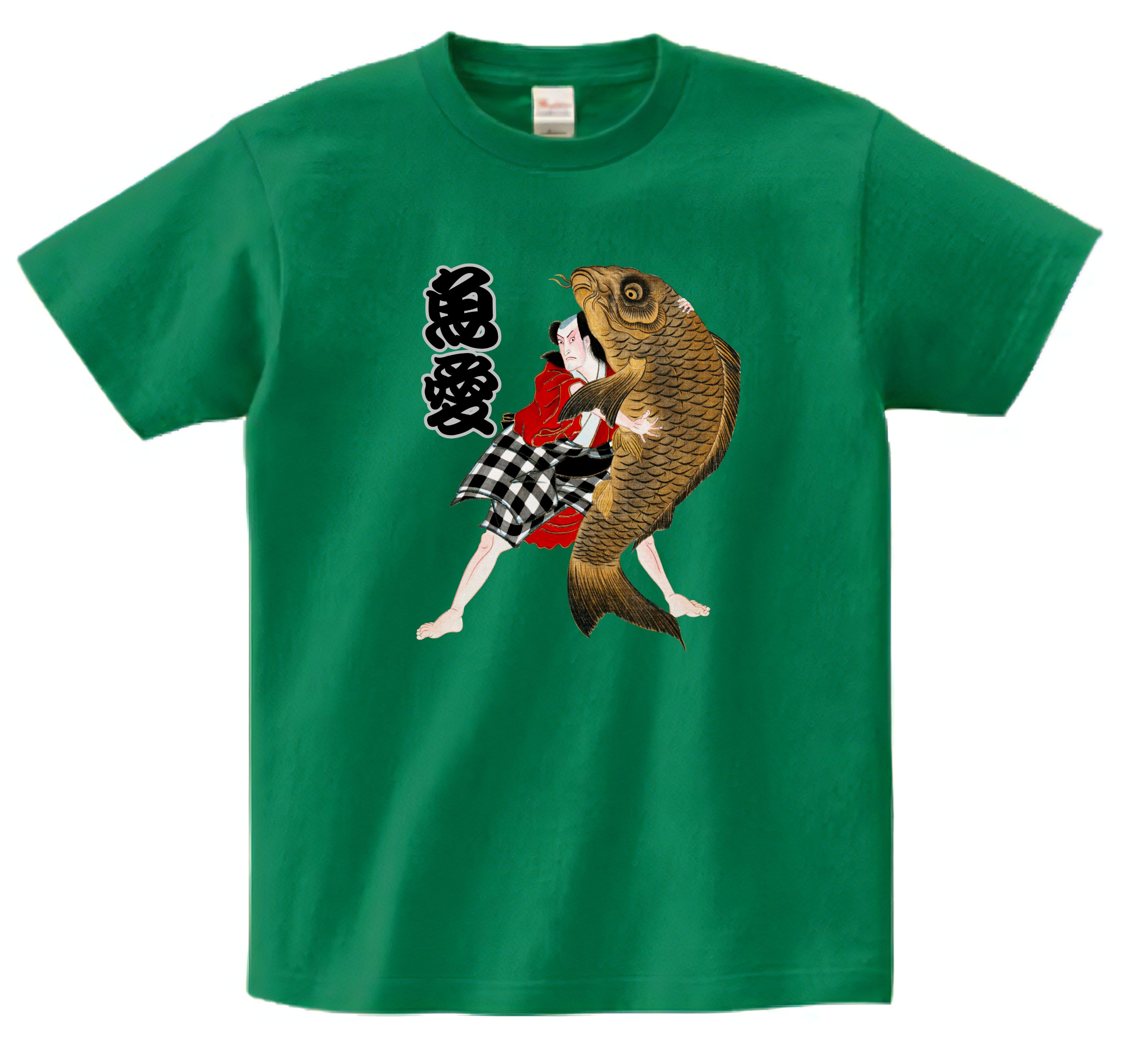 Japanese Design T-shirt Kabuki Actor Holding a Carp Fish Lover Kanji 5.6oz Mens