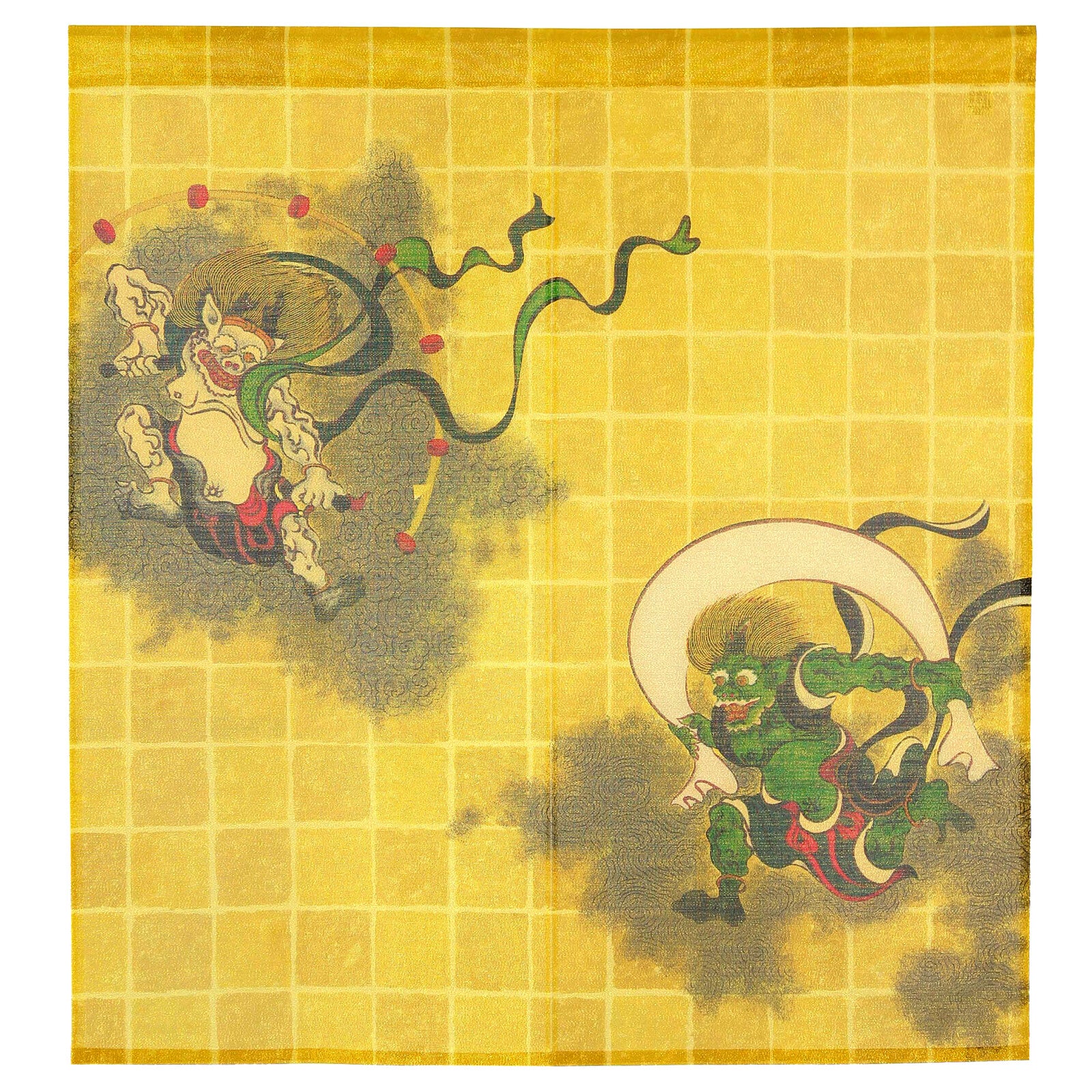Japanese Noren Doorway Curtain Tapestry Fujin and Raijin, Gold, made in Japan