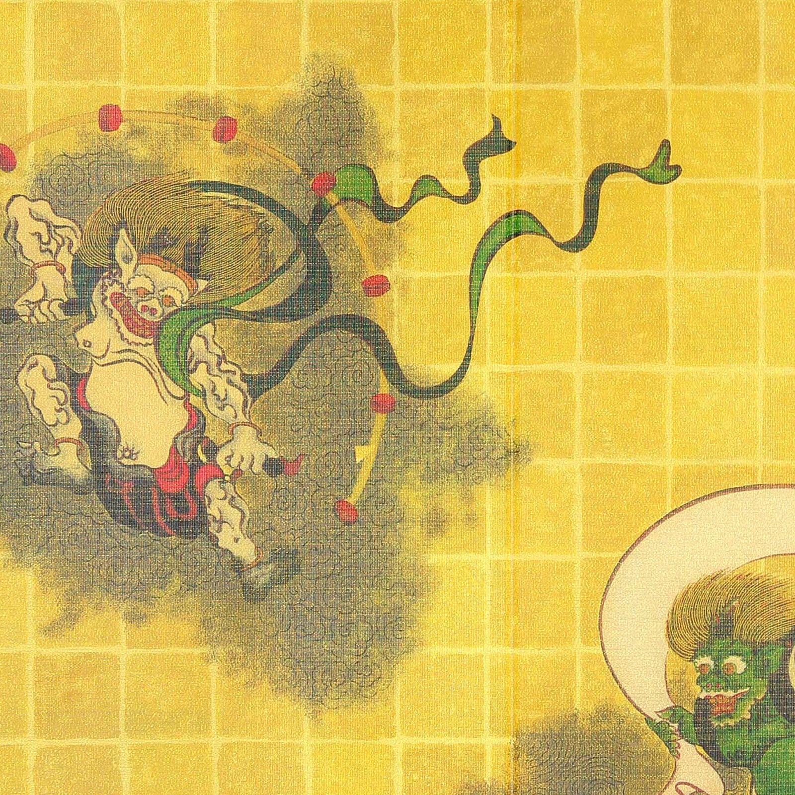 Japanese Noren Doorway Curtain Tapestry Fujin and Raijin, Gold, made in Japan