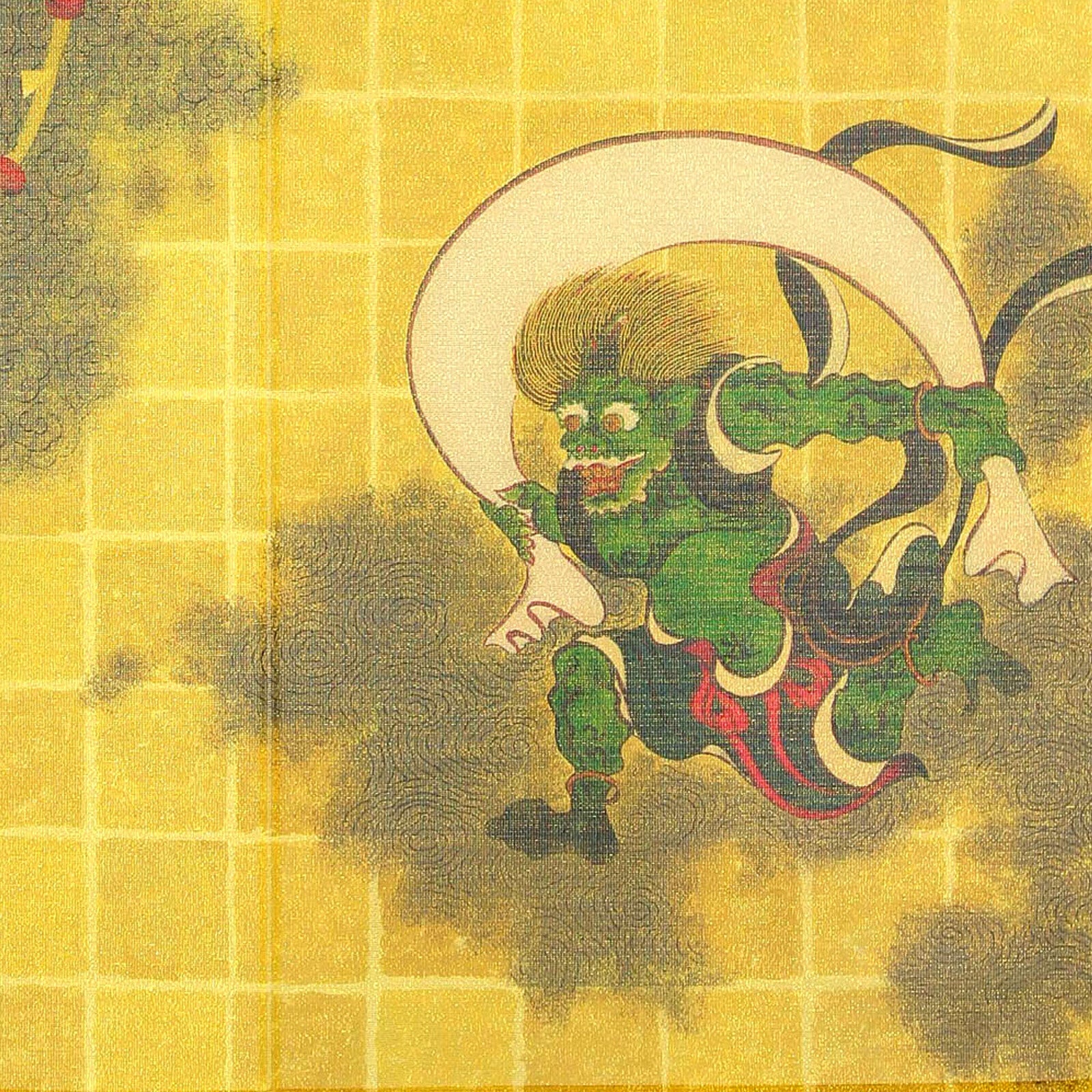 Japanese Noren Doorway Curtain Tapestry Fujin and Raijin, Gold, made in Japan