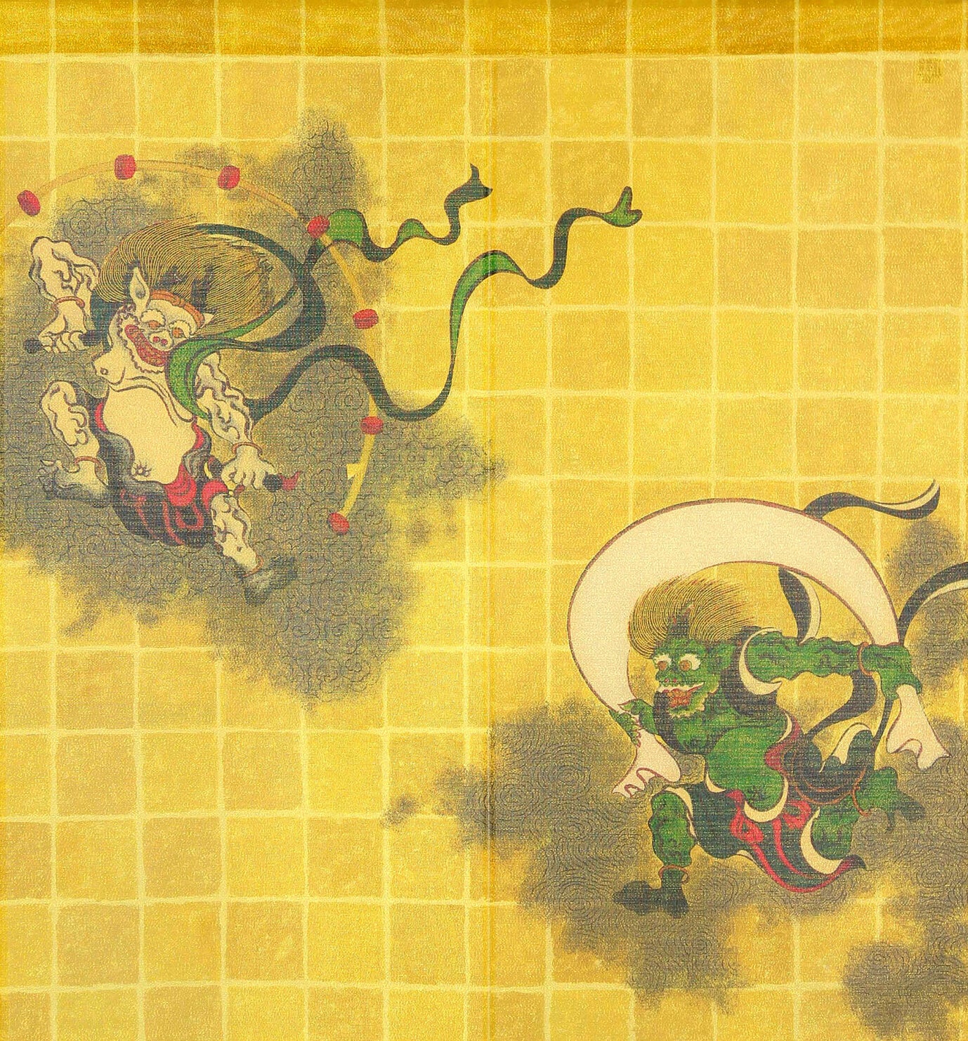 Japanese Noren Doorway Curtain Tapestry Fujin and Raijin, Gold, made i