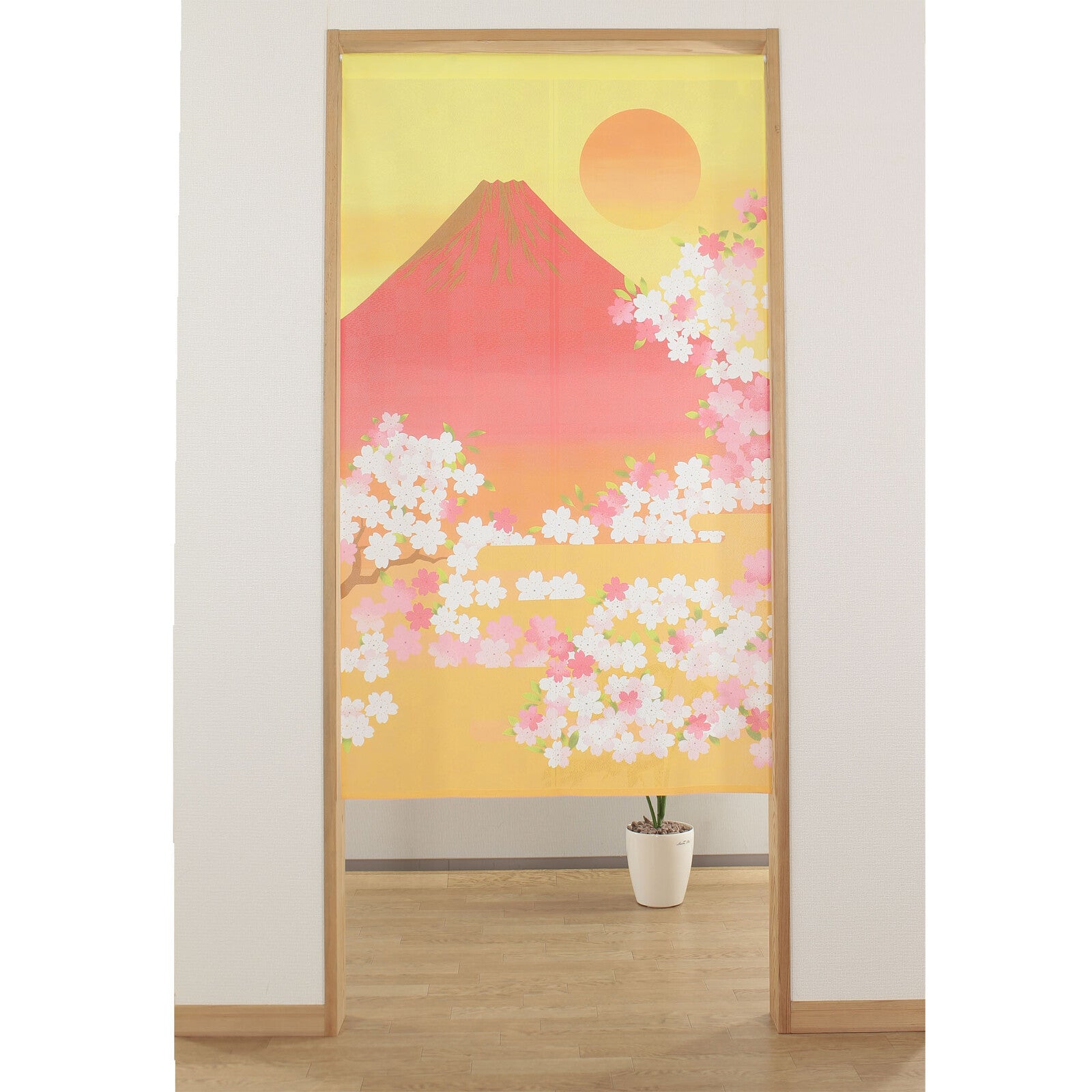 Japanese Noren Doorway Curtain Tapestry Mt. Fuji and Cherry Blossoms, Orange, made in Japan