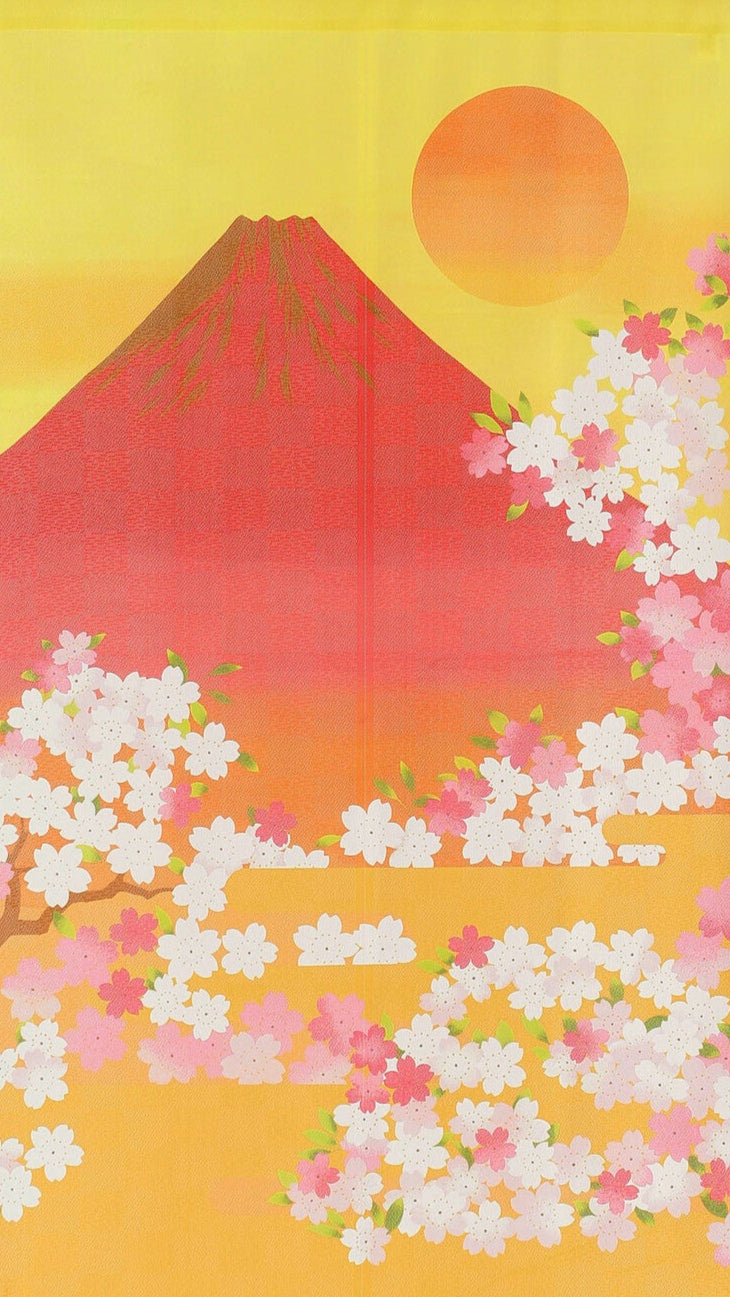 Japanese Noren Doorway Curtain Tapestry Mt. Fuji and Cherry Blossoms, Orange, made in Japan