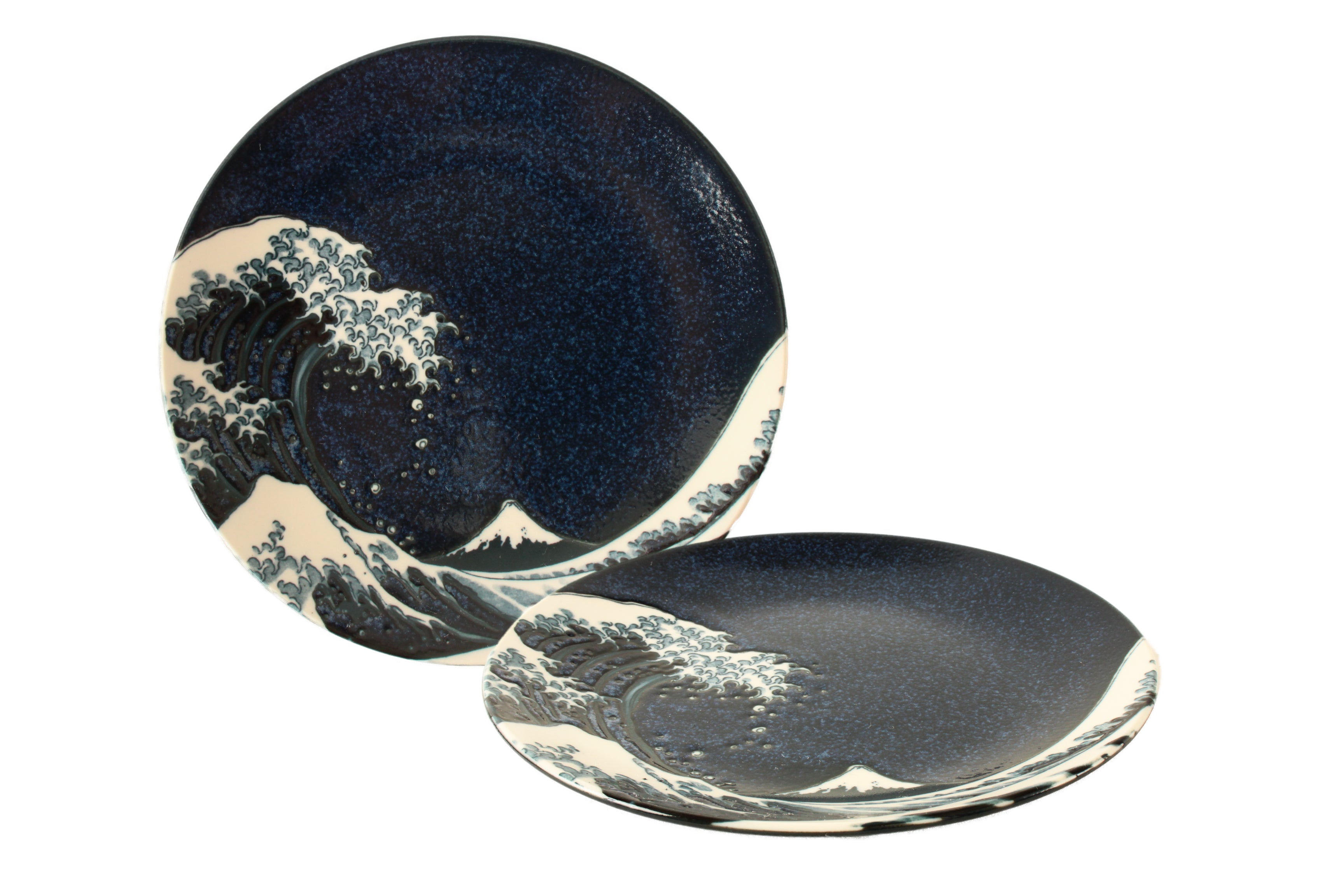 Mino ware Japanese Ceramics Big Wave & Mt. Fuji Navy Blue Plate Set of 2 made in Japan