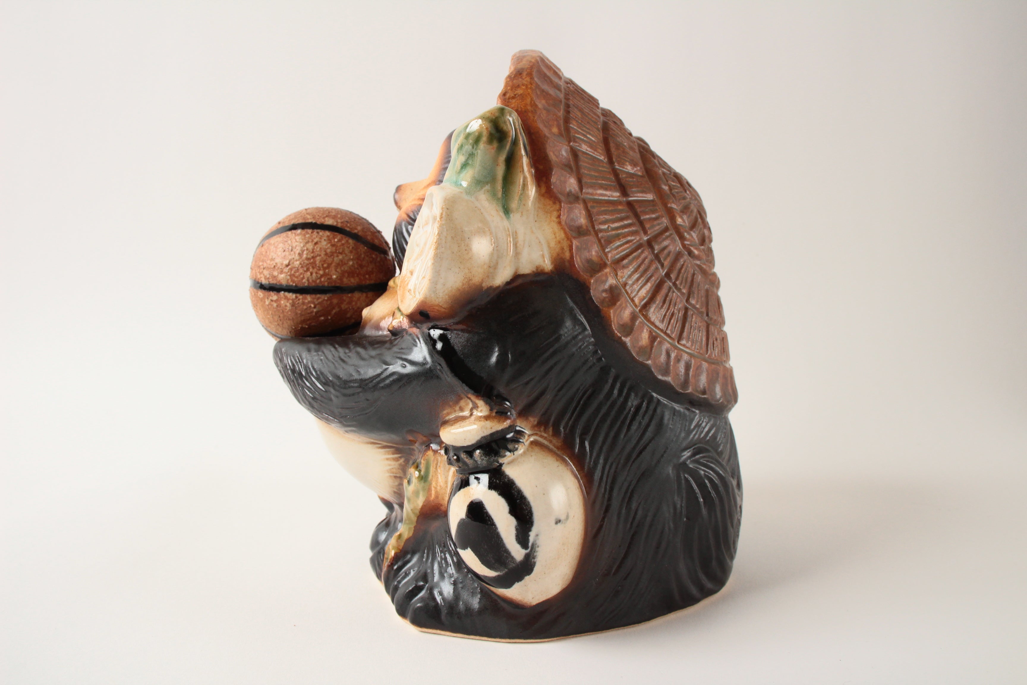 Shigaraki ware Japanese Ceramic Statue Lucky Fatty Raccoon Brown Basketball made in Japan