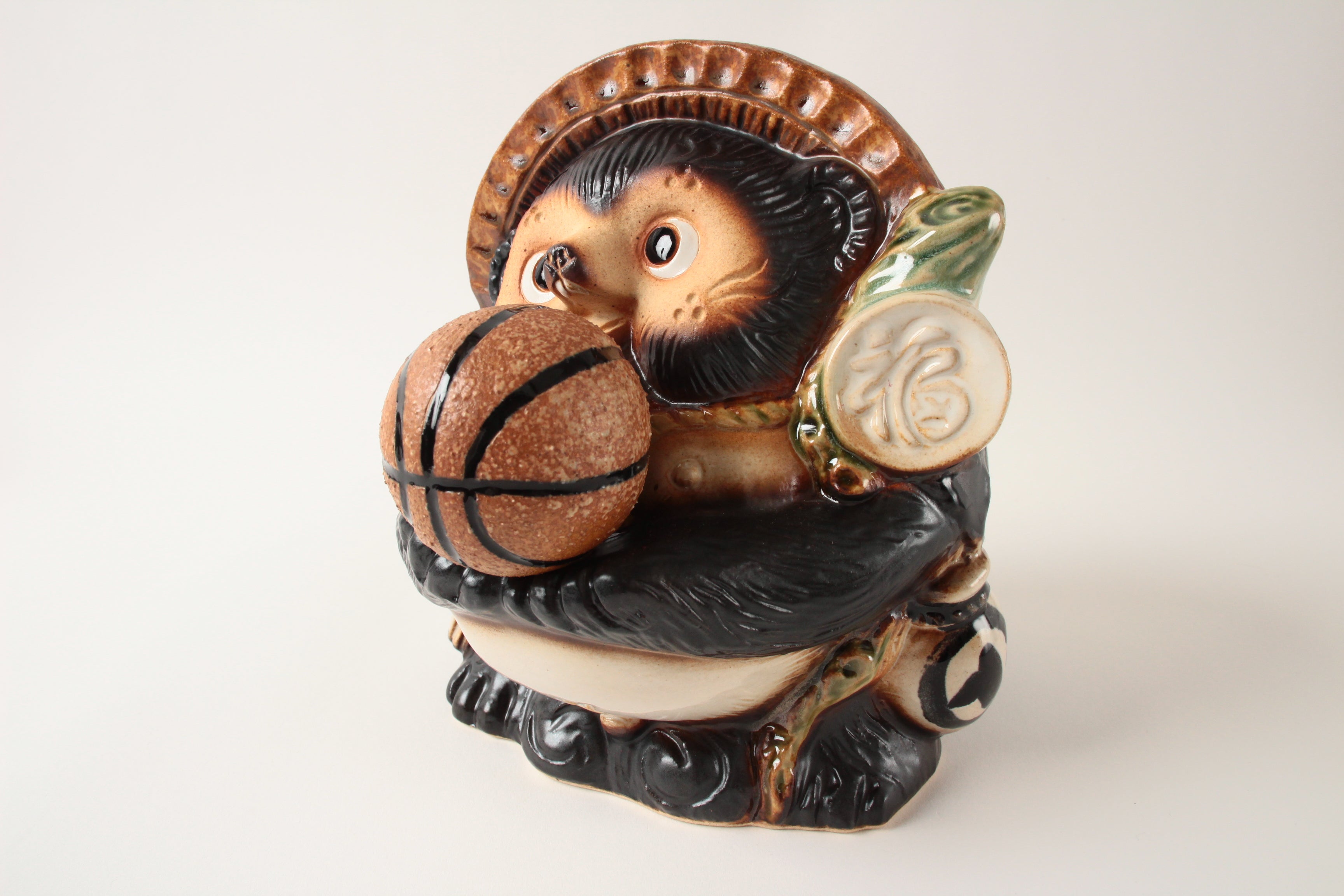 Shigaraki ware Japanese Ceramic Statue Lucky Fatty Raccoon Brown Basketball made in Japan