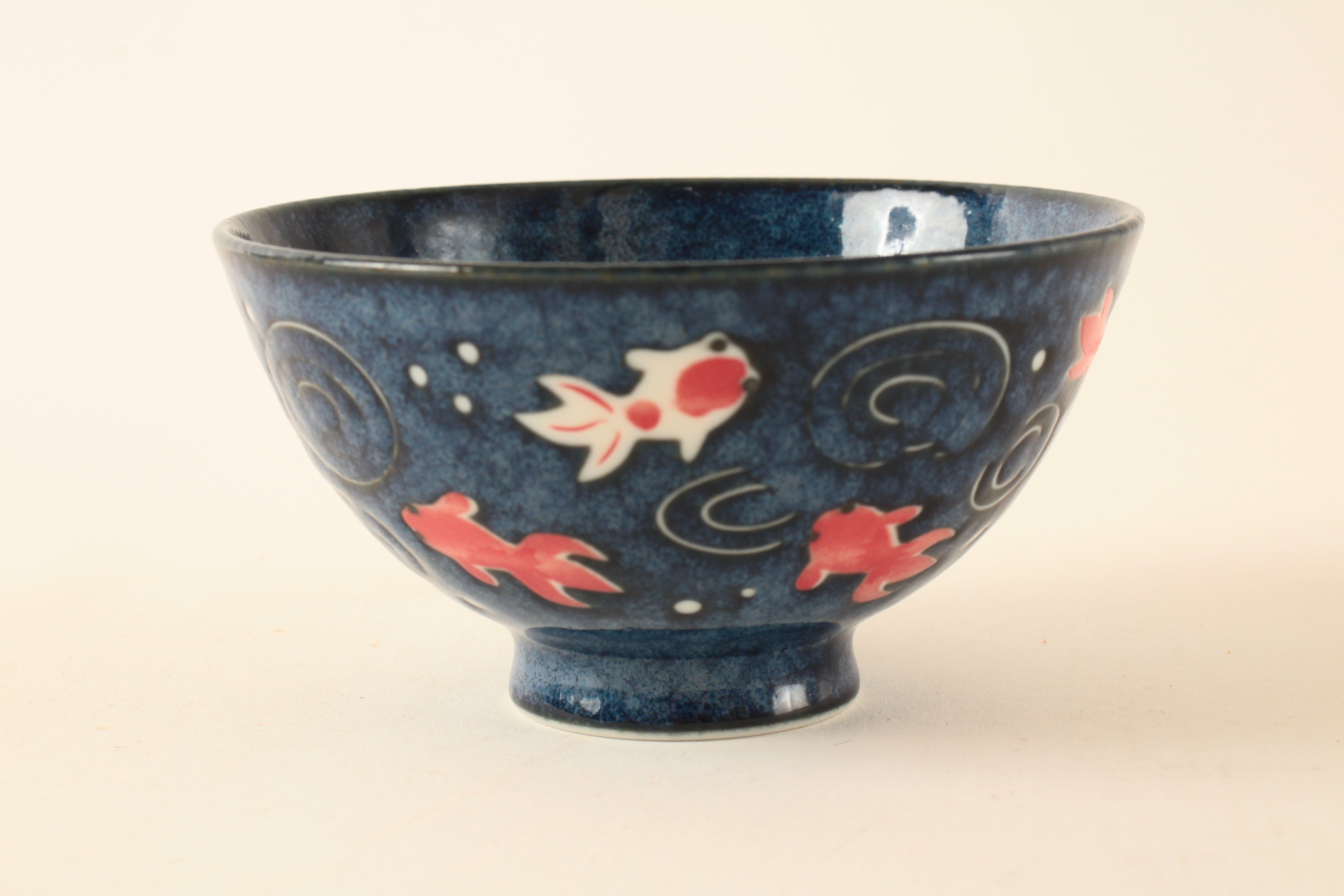 Mino ware Japanese Ceramics Rice Bowl Red and White Goldfish, Navyblue, Hand-painted made in Japan