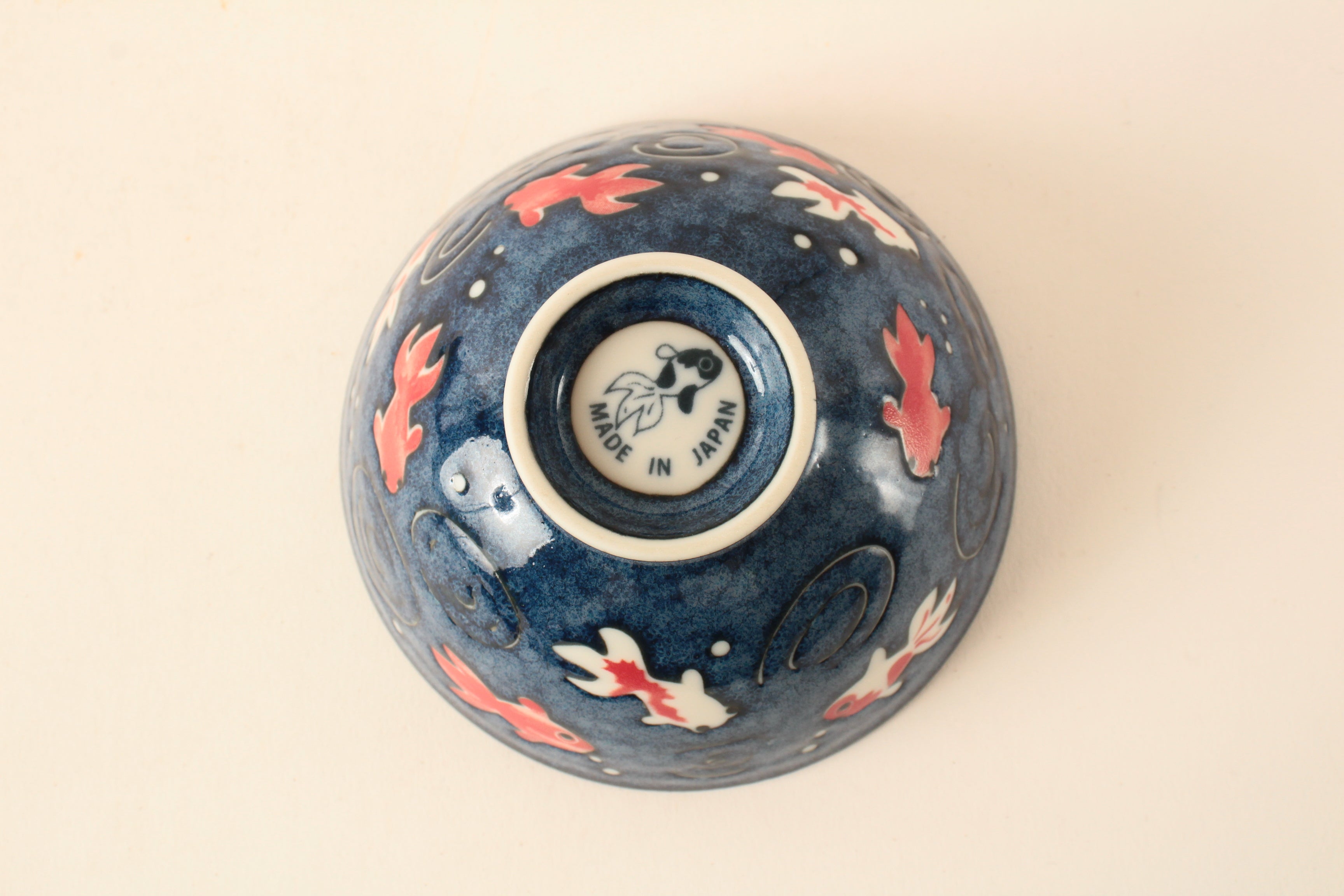 Mino ware Japanese Ceramics Rice Bowl Red and White Goldfish, Navyblue, Hand-painted made in Japan