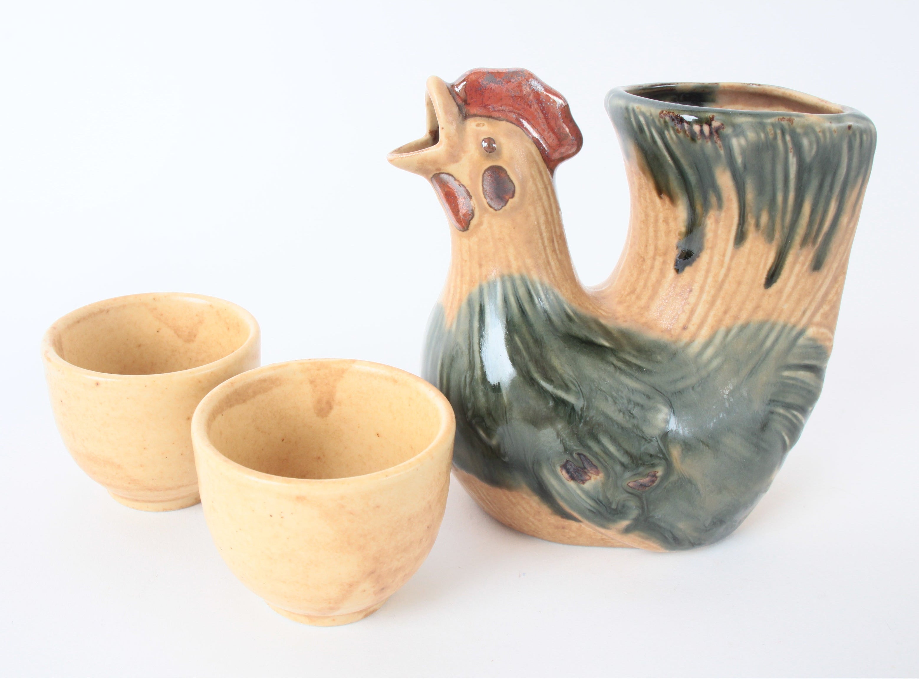 Mino ware Japanese Ceramic Chicken Shape Tokkuri and Sake Cup set Brown and Green made in Japan
