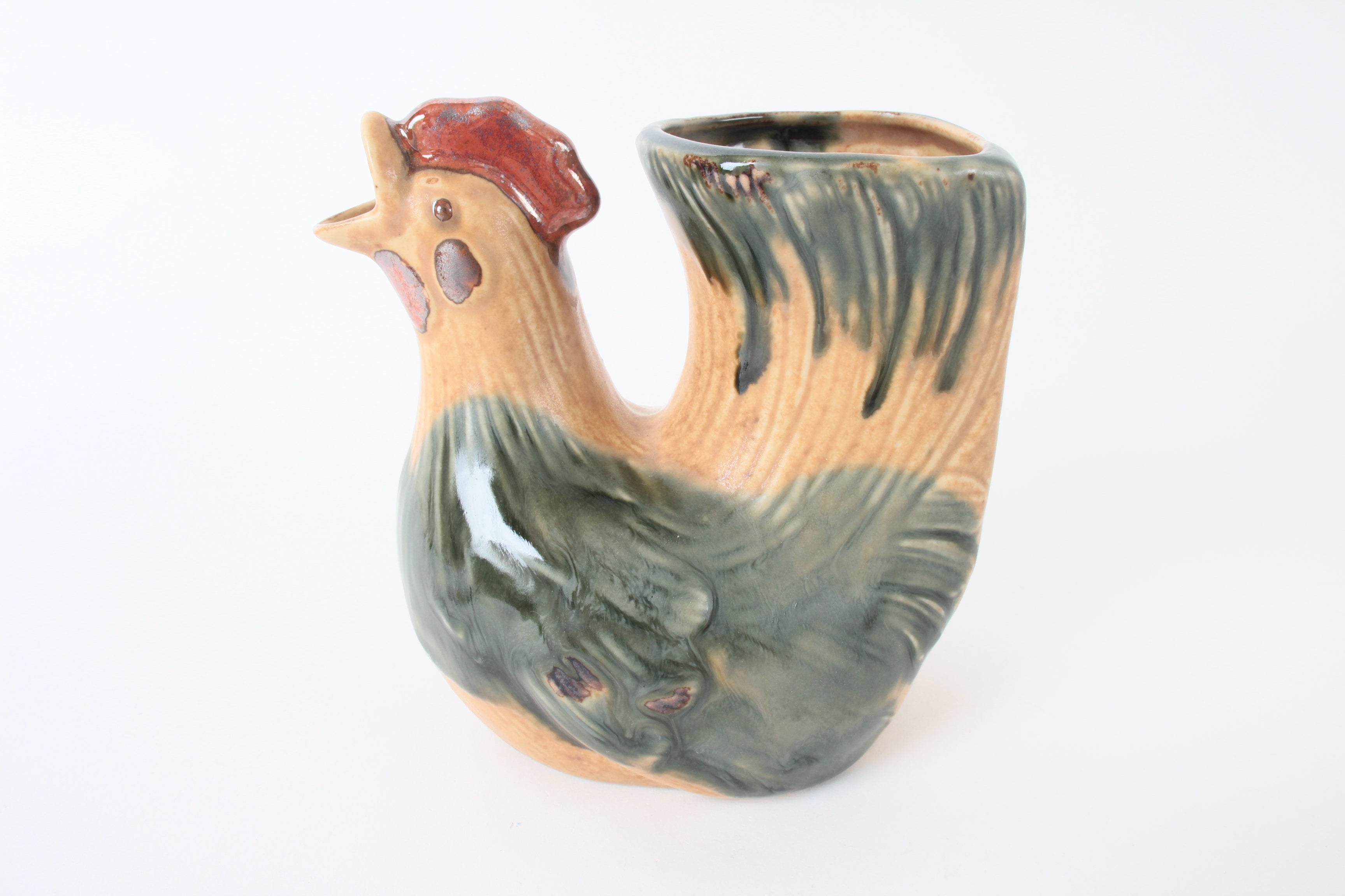 Mino ware Japanese Ceramic Chicken Shape Tokkuri and Sake Cup set Brown and Green made in Japan