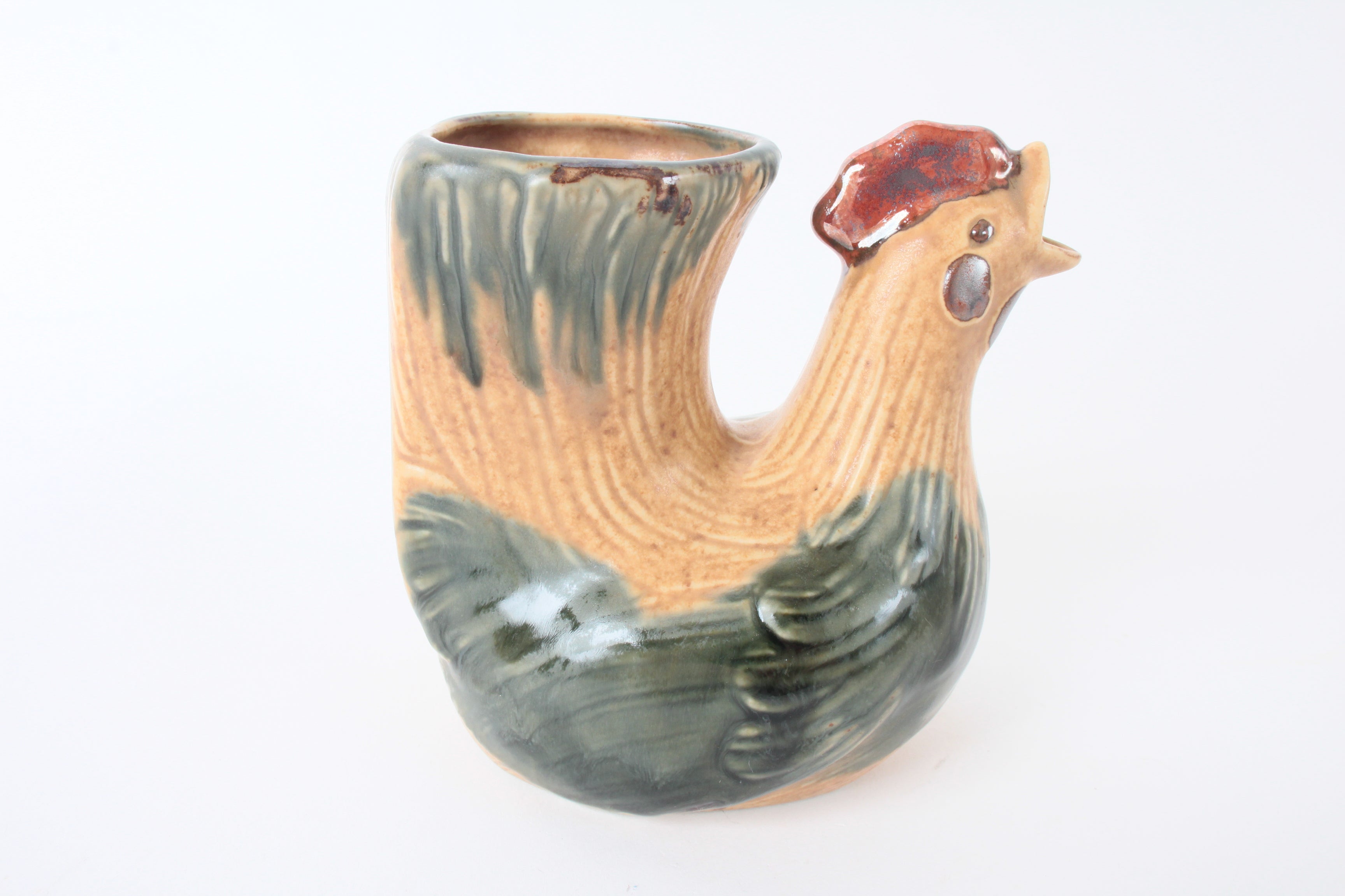 Mino ware Japanese Ceramic Chicken Shape Tokkuri and Sake Cup set Brown and Green made in Japan