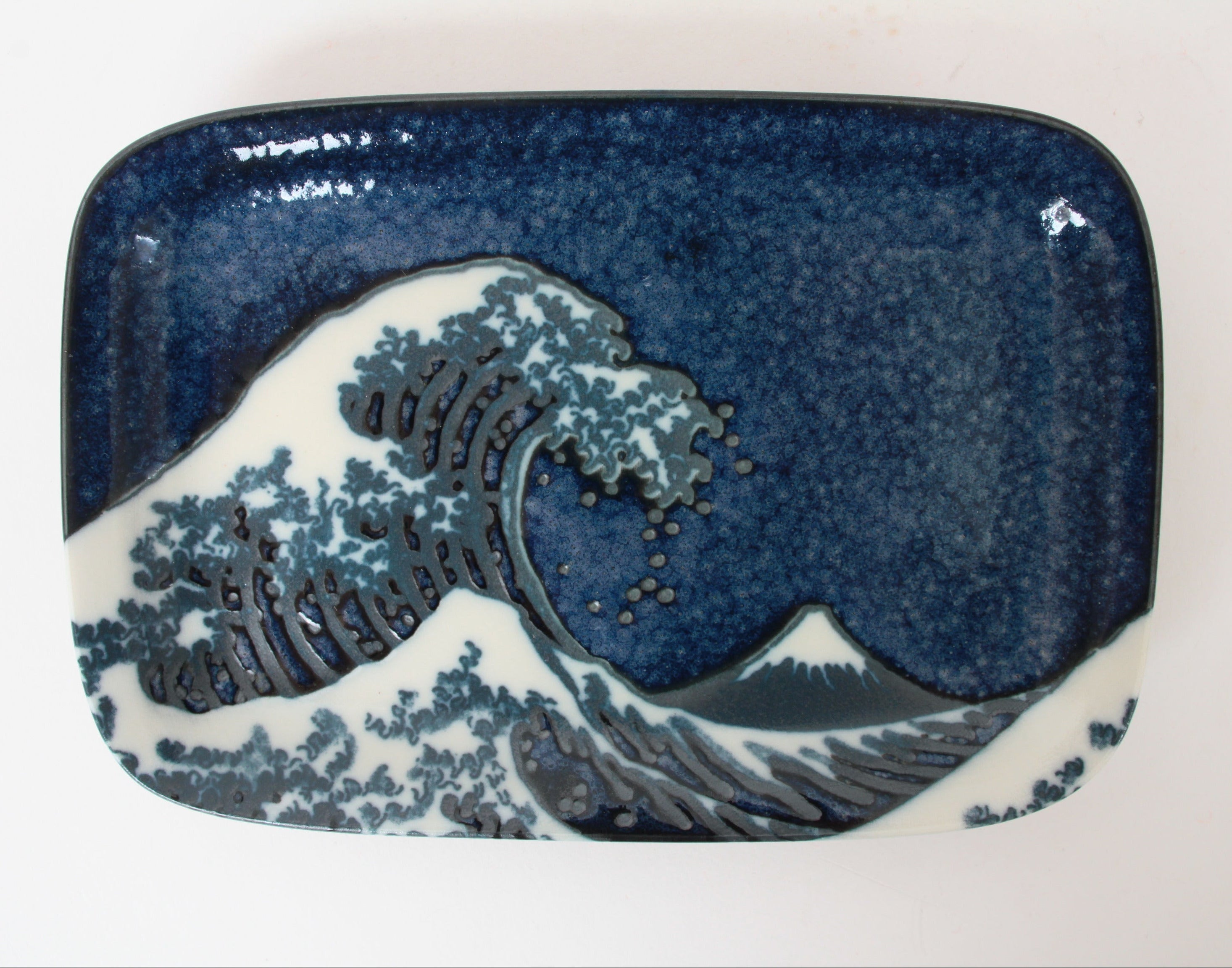 Mino ware Japanese Ceramics Rectangular Plate, Big Wave and Mt. Fuji Navy Blue made in Japan