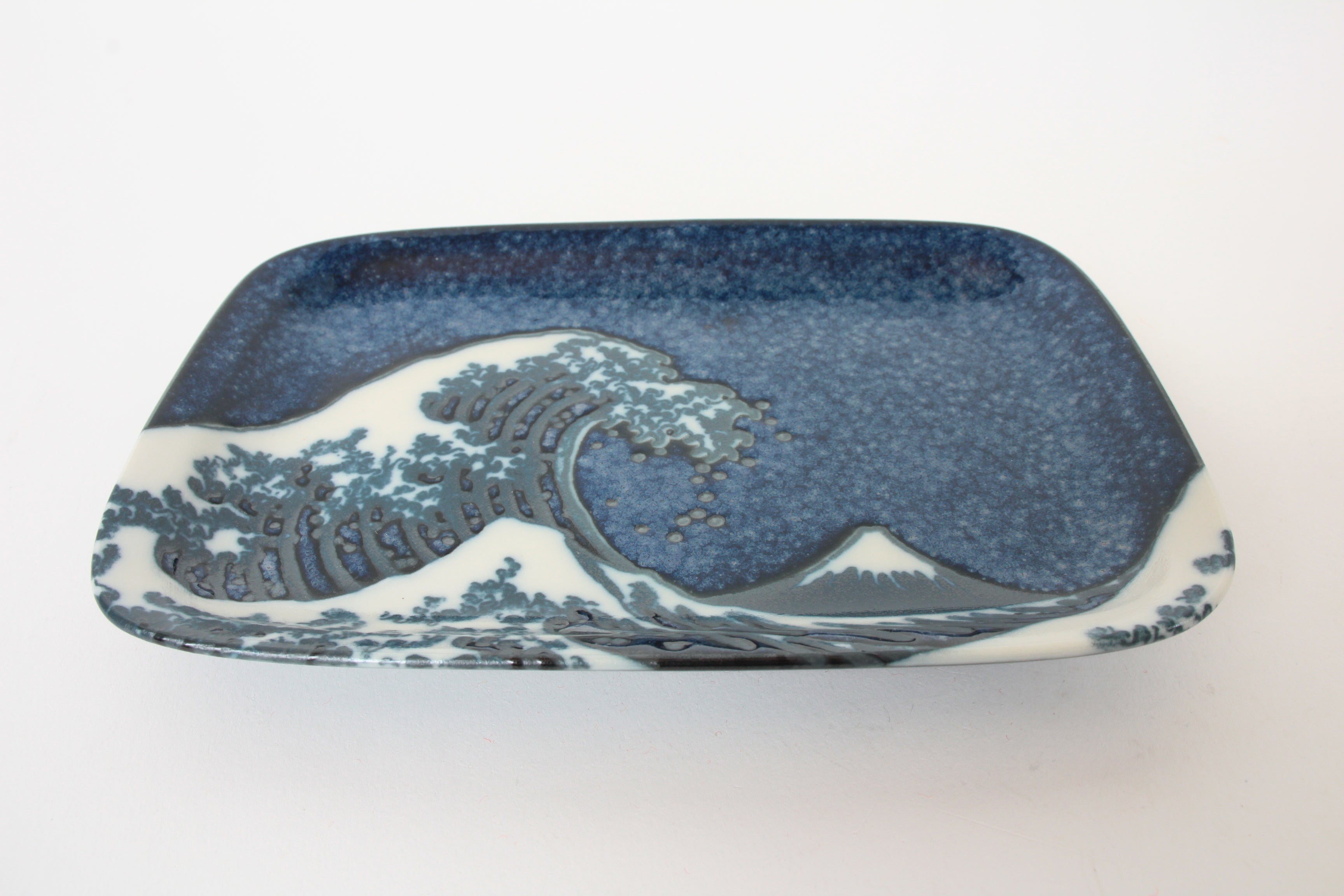 Mino ware Japanese Ceramics Rectangular Plate, Big Wave and Mt. Fuji Navy Blue made in Japan