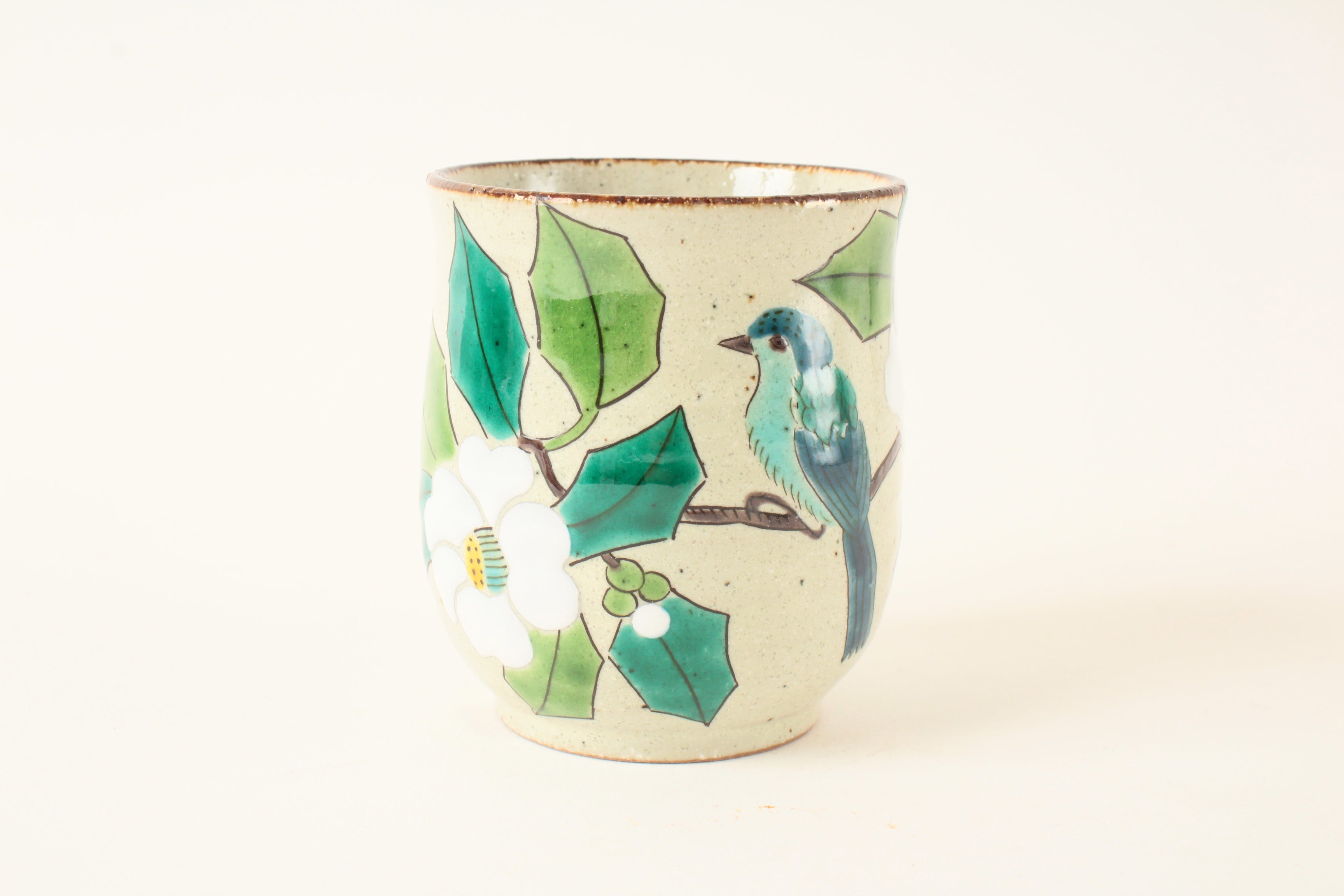 Kutani ware Japanese Ceramic Yunomi Chawan Tea Cup White Camellia and Bird