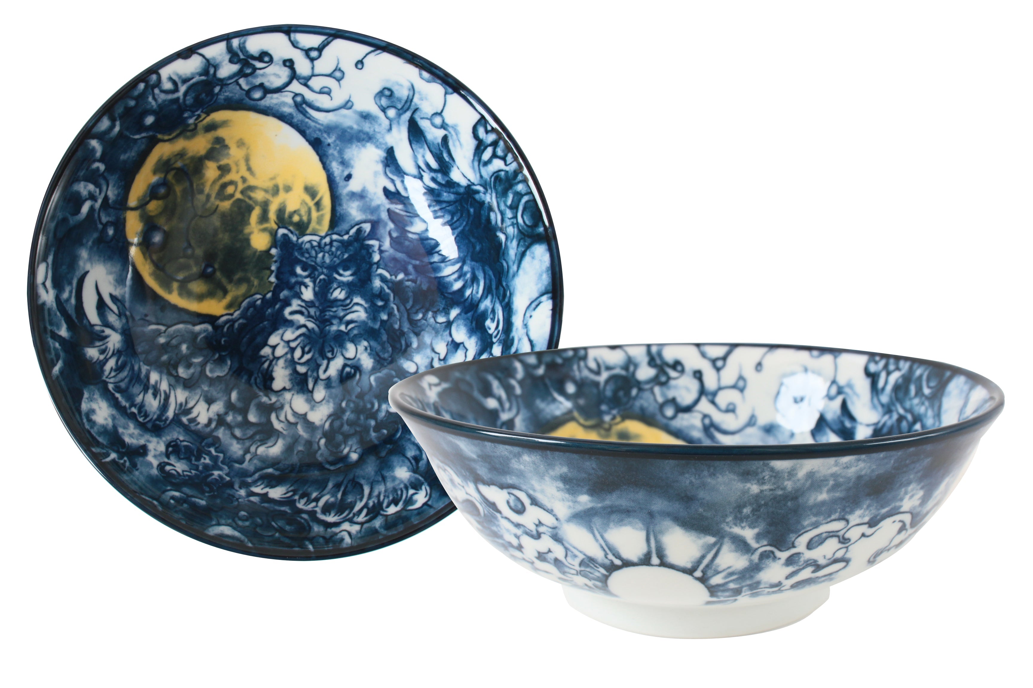 Mino ware Japanese Ramen Noodle Donburi Bowl Moonlight Owl Navy made in Japan