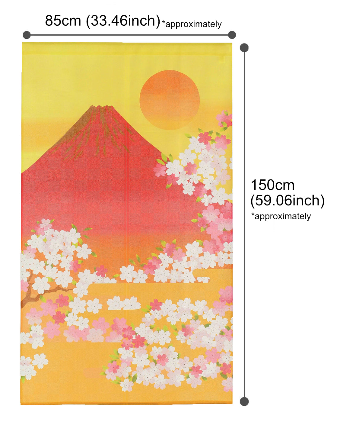 Japanese Noren Doorway Curtain Tapestry Mt. Fuji and Cherry Blossoms, Orange, made in Japan