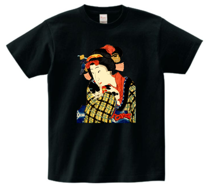 Japanese Ukiyo-e Design T-shirt Geisha Woman Holding a Cat 5.6oz Mens