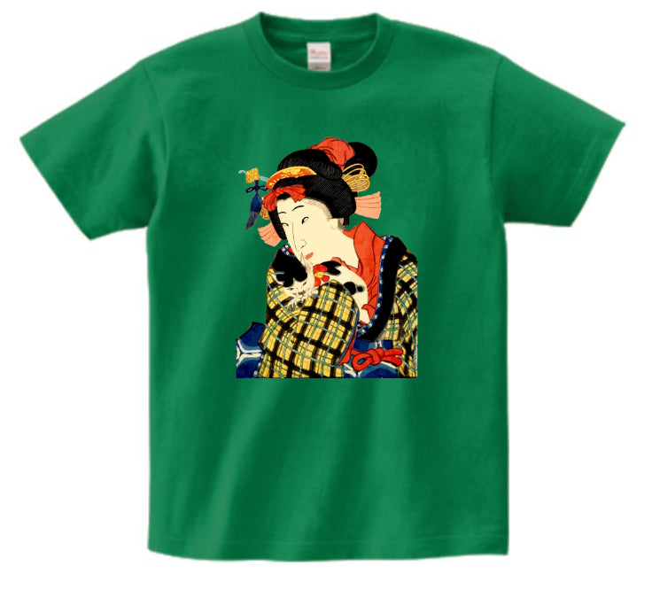 Japanese Ukiyo-e Design T-shirt Geisha Woman Holding a Cat 5.6oz Mens