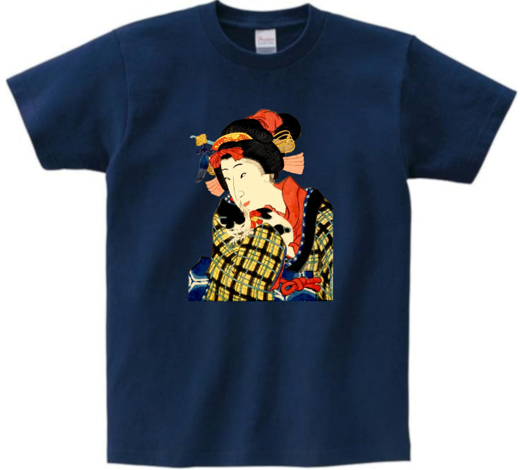 Japanese Ukiyo-e Design T-shirt Geisha Woman Holding a Cat 5.6oz Mens