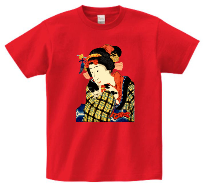 Japanese Ukiyo-e Design T-shirt Geisha Woman Holding a Cat 5.6oz Mens