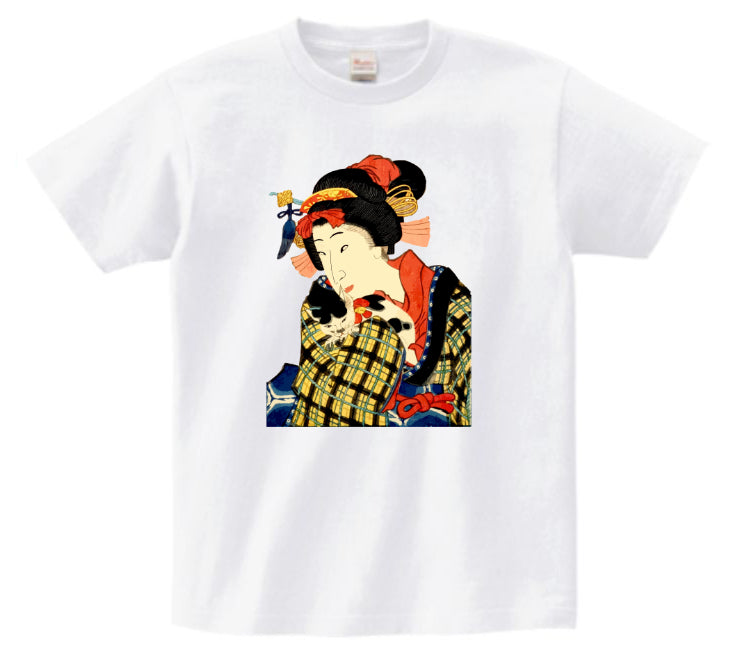 Japanese Ukiyo-e Design T-shirt Geisha Woman Holding a Cat 5.6oz Mens